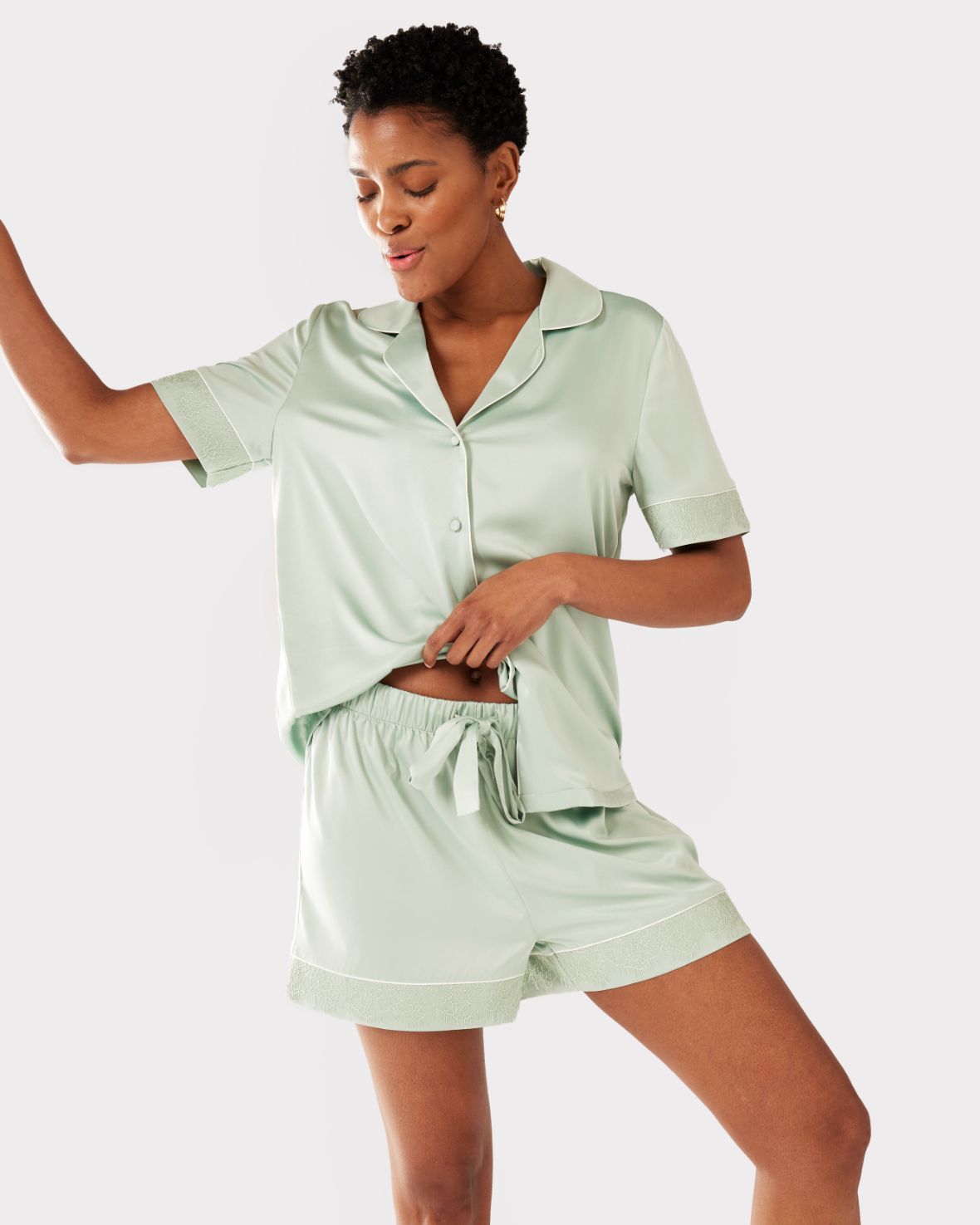 Satin Lace Trim Short Pajama Set for Women - Comfortable Sleepwear Lounge Set in Sage Green - Perfect for Nightwear, Relaxing at Home & Gift Giving