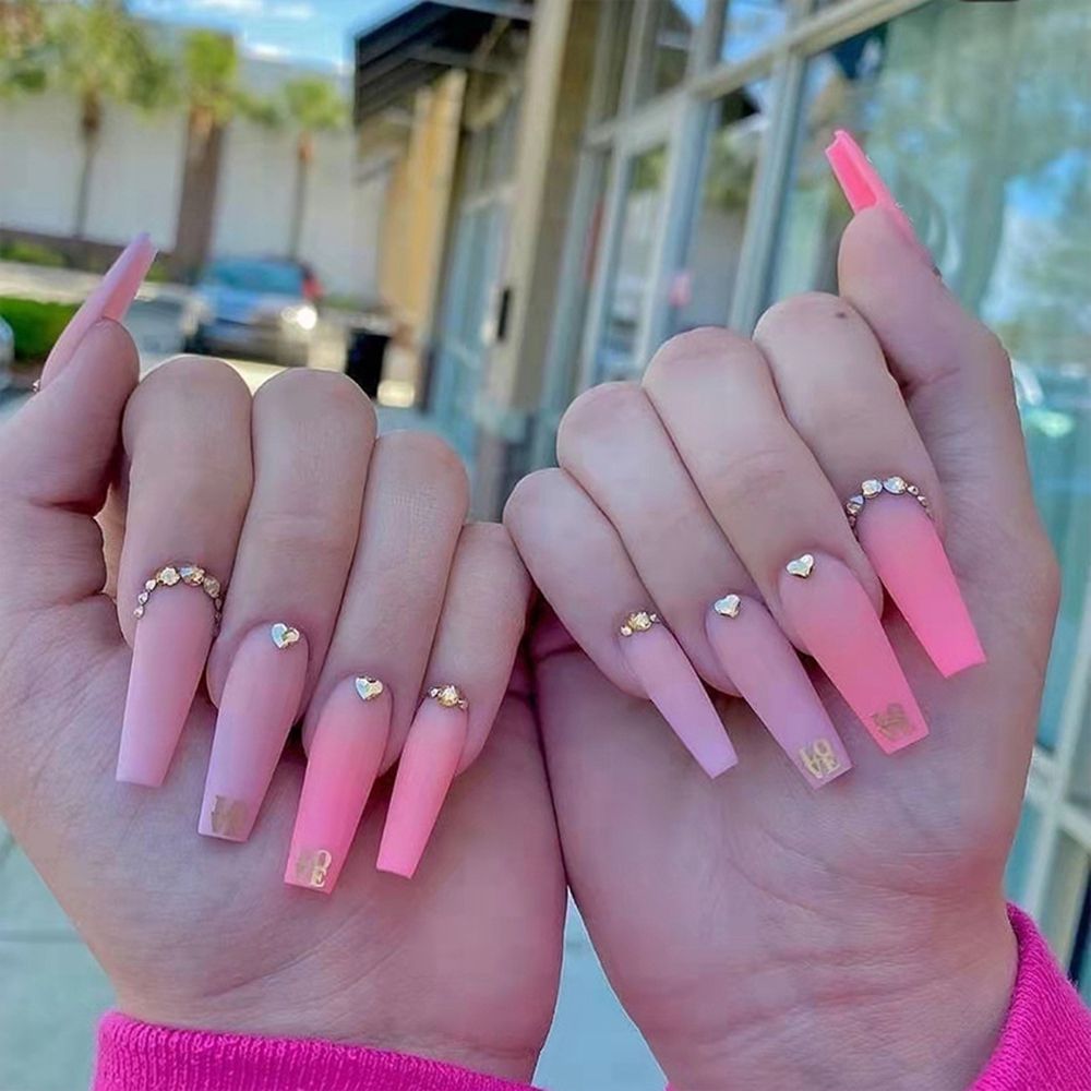 Long Coffin False Nails - Crystal Shiny French Ballerina Fake Nails with Elegant Design | Wearable Nail Stickers | Pink Full Cover Nail Tips for Parties, Weddings & Special Occasions