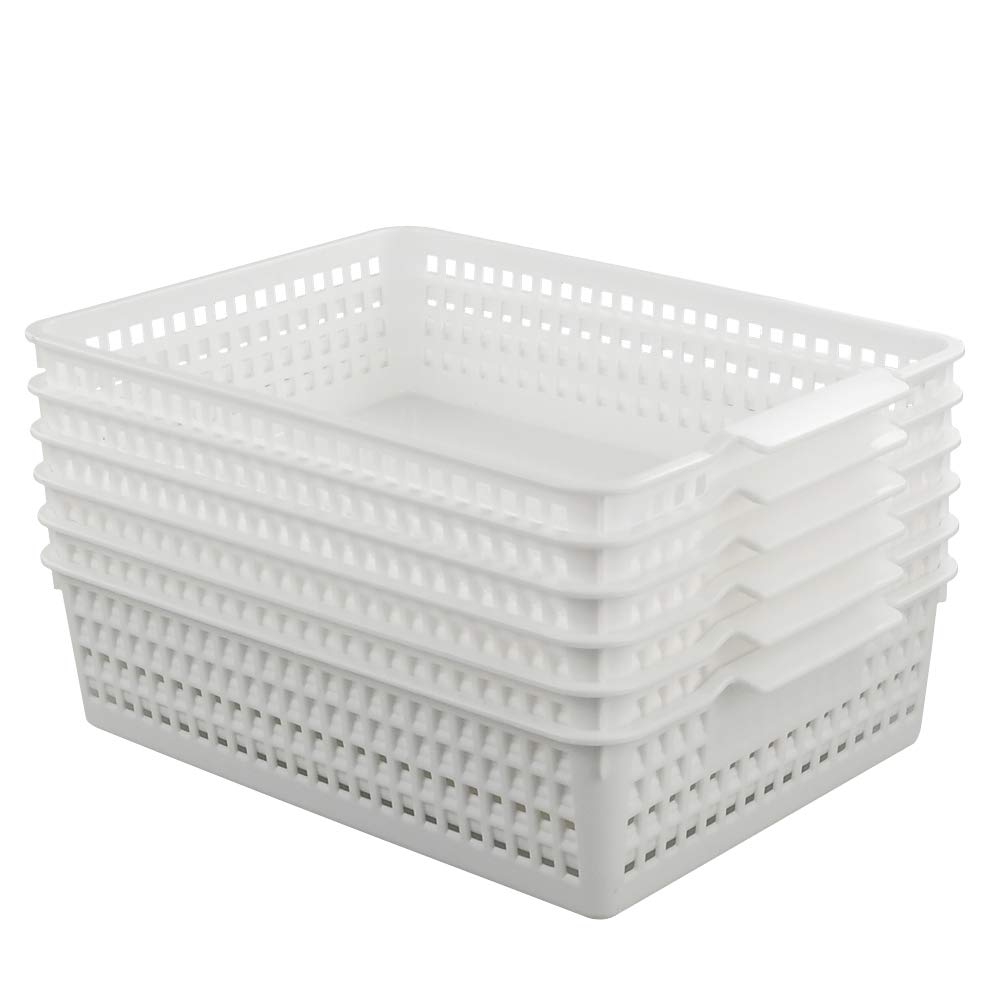 6-Pack White Plastic Storage Trays & Baskets - File Organizer for Office, Home, Kitchen | Perfect for Paper, Documents, Mail & Office Supplies Organization