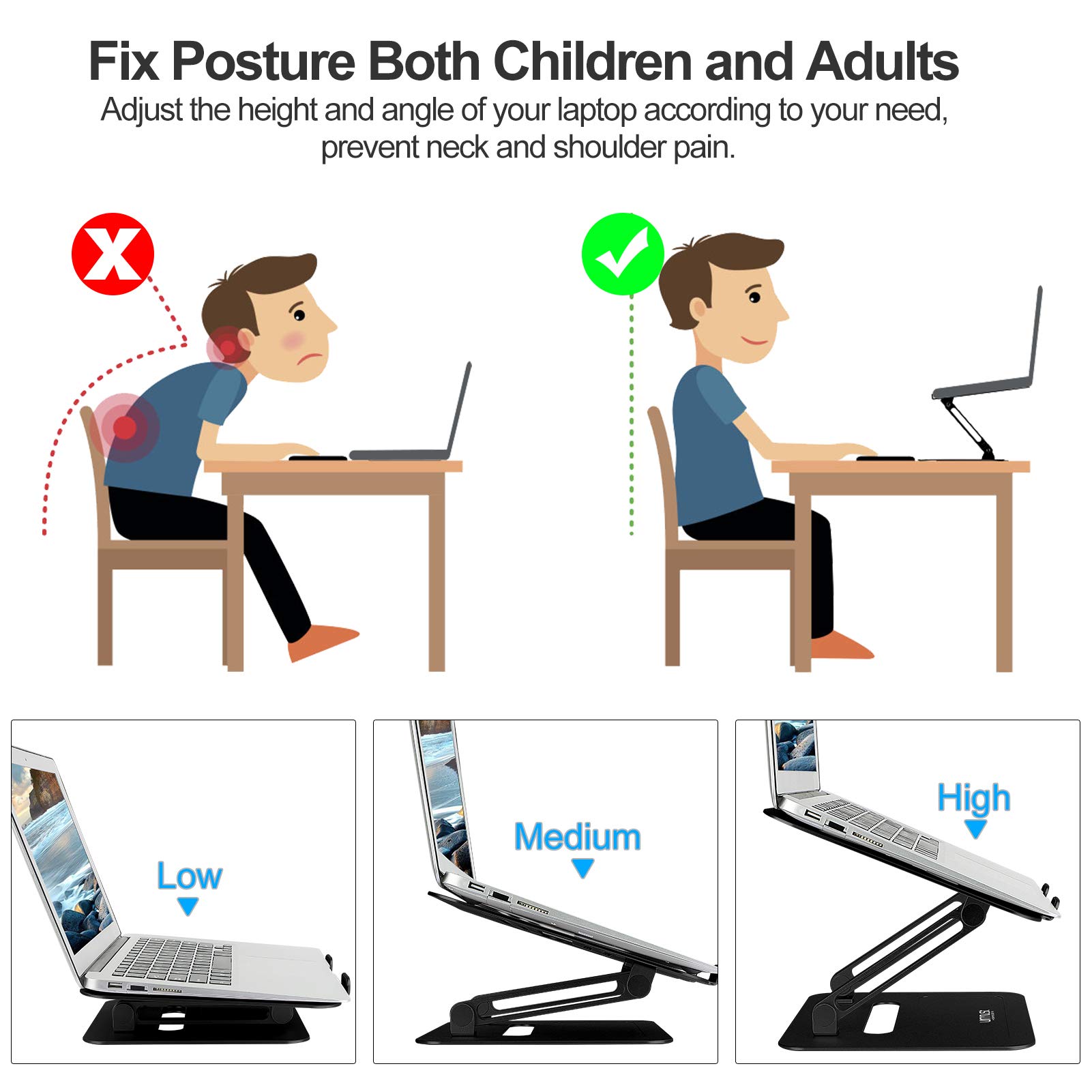 Urmust Adjustable Aluminum Laptop Stand for Desk - Ergonomic Computer Riser Holder for MacBook Air/Pro, Ultrabooks & All 11-17 Inch Laptops (Black) | Perfect for Home Office, Gaming & Workspace Setup