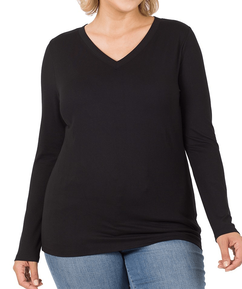 Women's Plus Size Long Sleeve V-Neck T-Shirt - Soft Stretch Black Tee for Casual Wear & Layering