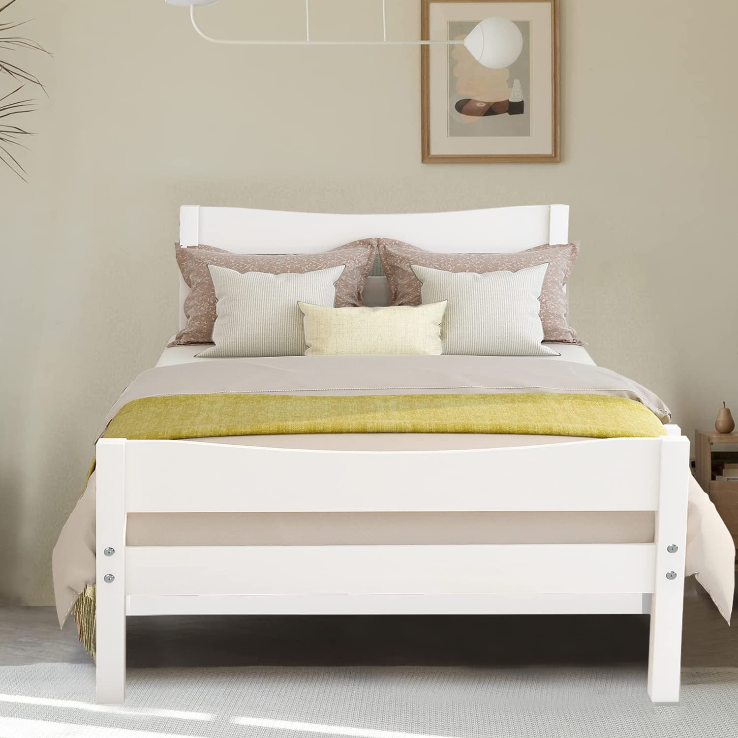 Pvillez Twin Bed Frame with Headboard and Footboard - Solid Wood Platform Bed for Kids, No Box Spring Needed, Storage Space for Boys & Girls (White) - Perfect for Kids' Bedrooms, Guest Rooms & Small Spaces
