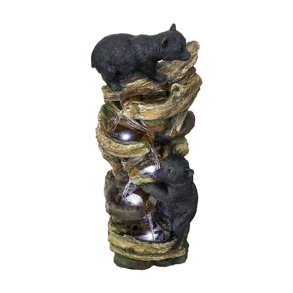 39.3 Inch 5-Tier Outdoor Garden Water Fountain with LED Lights - Bear Climbing Tree Resin Fountain for Patio, Deck, Yard - Perfect for Relaxation & Landscape Decoration (Brown)