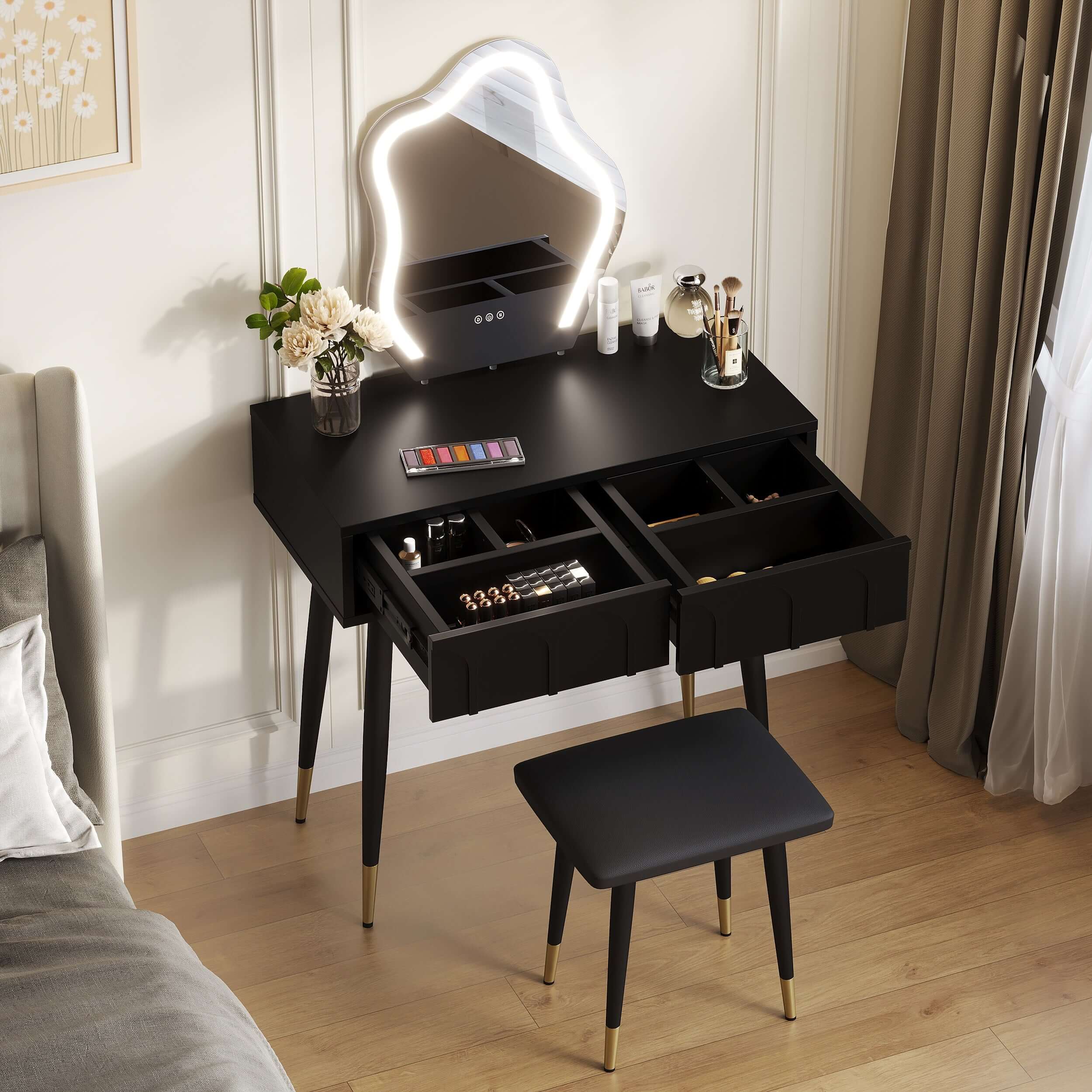White & Black 31.5 Inch Two-Drawer Dresser with Mirror and Matching Chair - Perfect for Bedroom, Dorm Room or Guest Room Organization