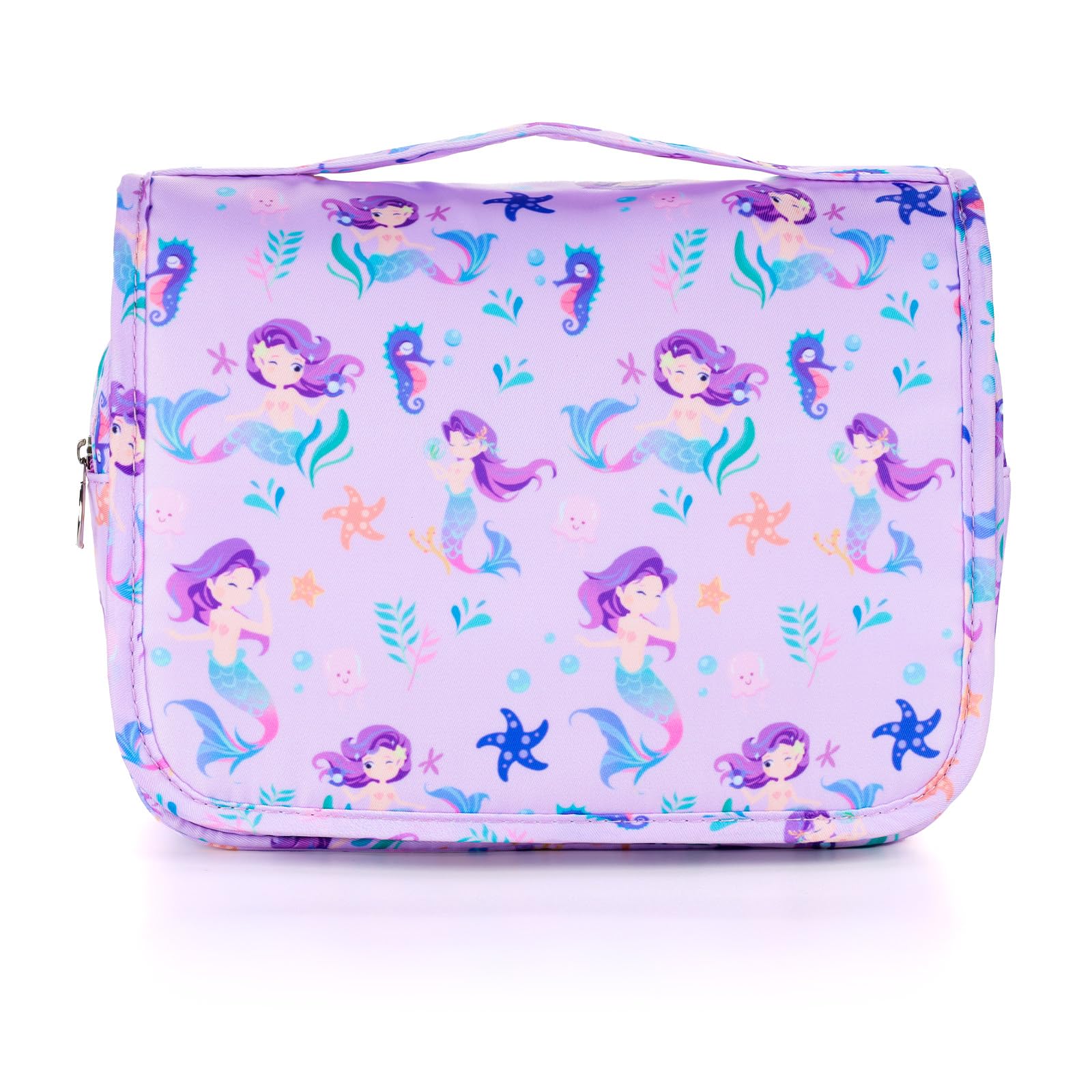 Waterproof Kids Hanging Toiletry Bag for Girls - Mermaid Purple Travel Cosmetic Organizer | Perfect for Toddler Travel, Camping & Sleepovers | Cute Makeup Wash Bag for Little Girls