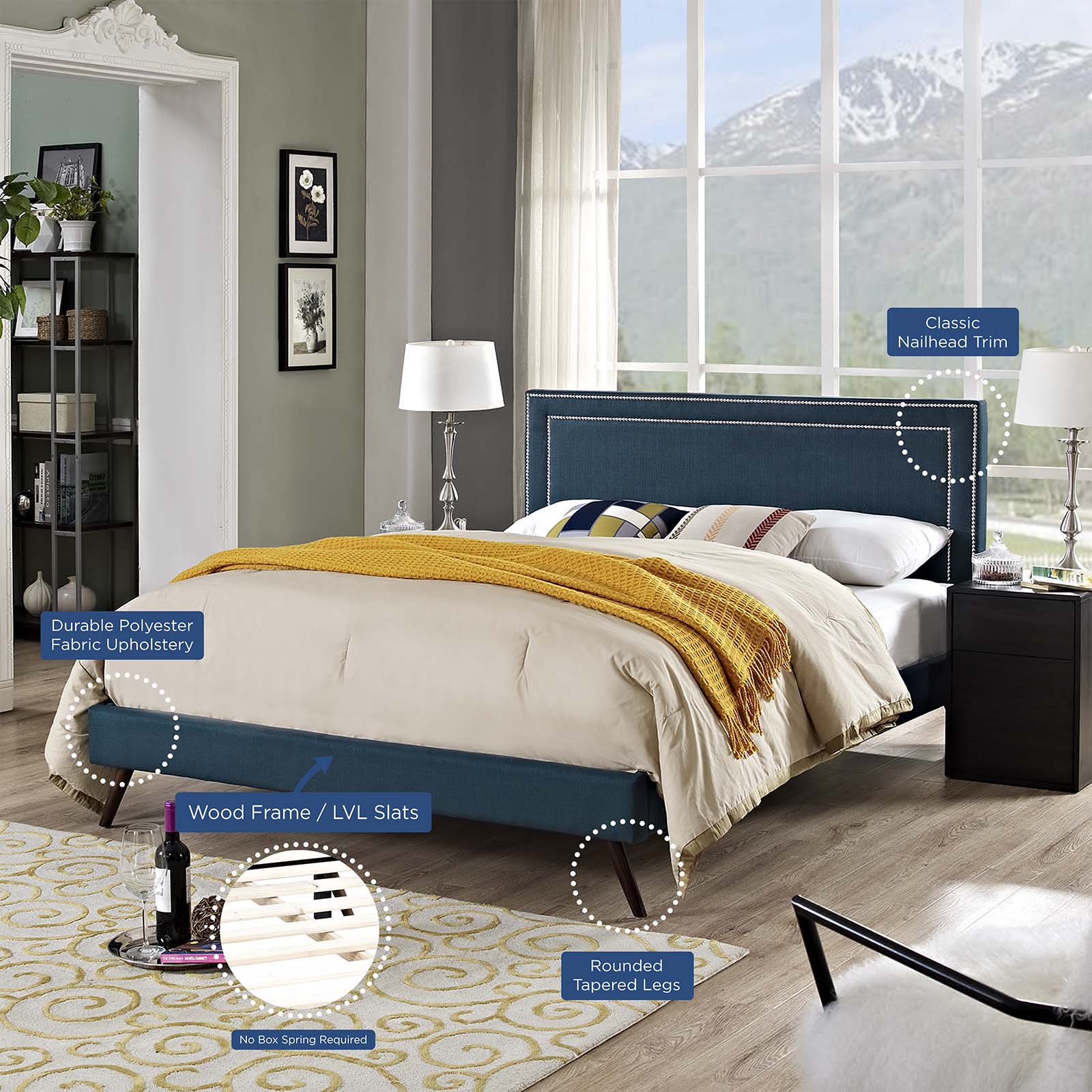 Virginia Fabric Platform Bed with Round Splayed Legs - Modern Upholstered Bed Frame for Bedroom - Perfect for Master Bedroom, Guest Room or Apartment