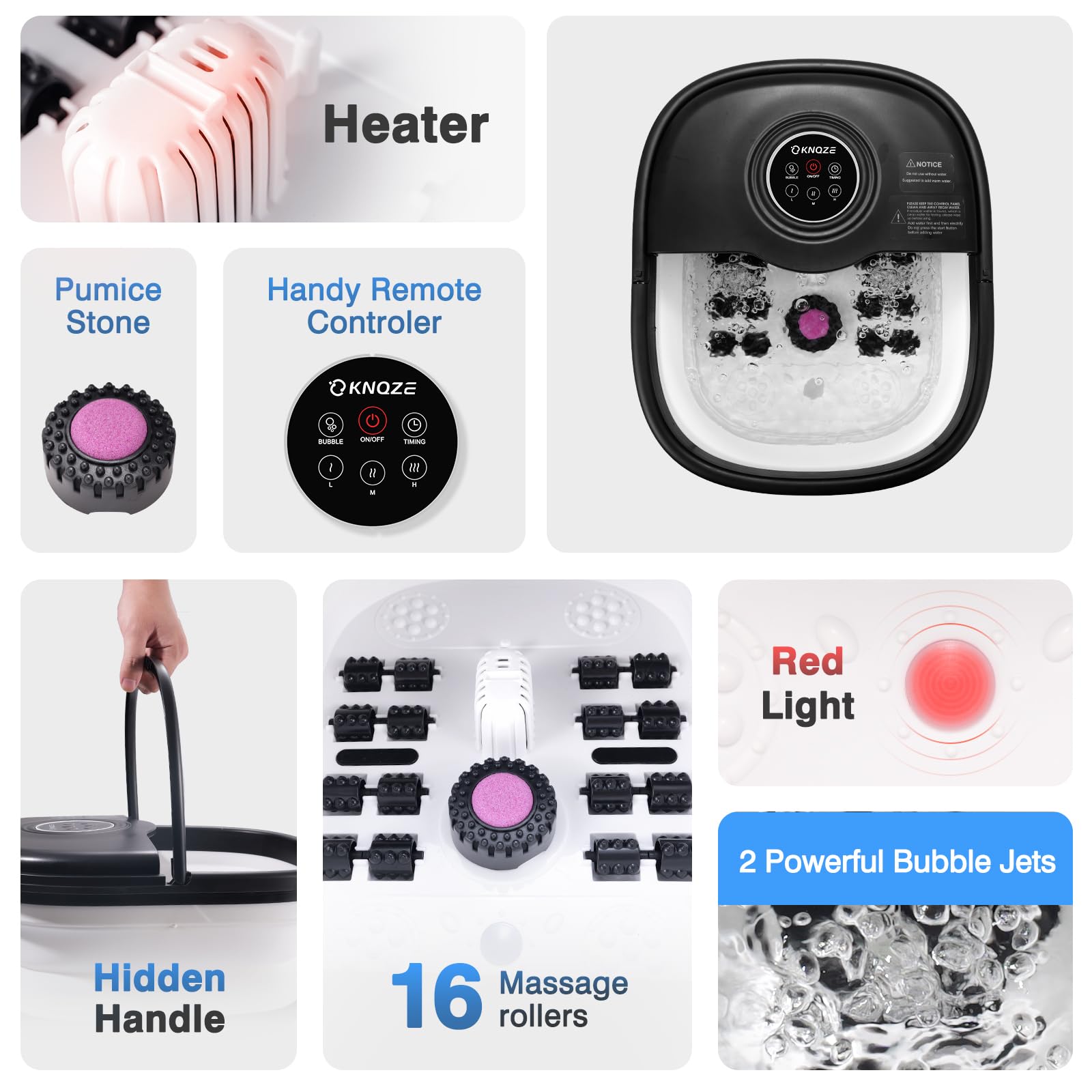 Portable Collapsible Foot Spa Bath with Heating, Remote Control, Adjustable Temperature, Bubble Massage, Pumice Stone & 16 Rollers - Red Light Therapy & Timer for Relaxing Tired Feet - Perfect for Home Spa, Post-Workout Recovery & Gift Giving
