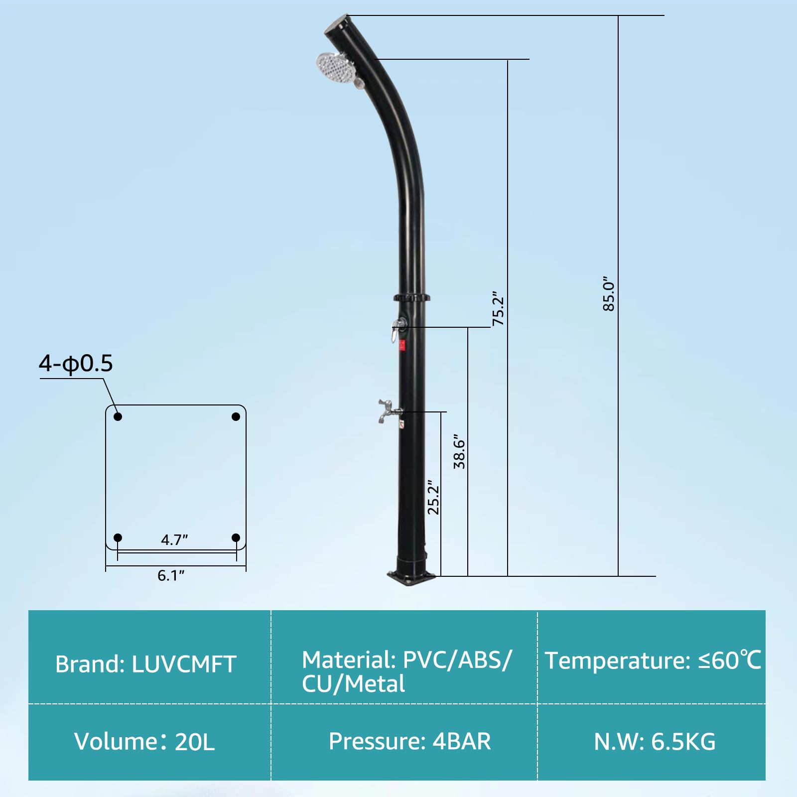 6.5 FT 5.3 Gallon Solar Outdoor Shower with Adjustable Shower Head, Foot Tap & Thermometer - Perfect for Pool, Backyard, Garden, Beach and Spa Use