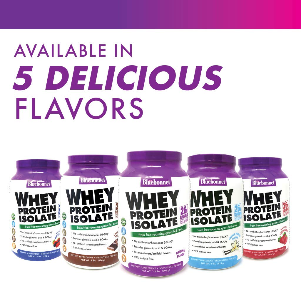 BlueBonnet Grass-Fed Whey Protein Isolate Powder - 26g Protein, No Sugar Added, Gluten & Soy Free, Kosher Dairy - 2 Lbs (28 Servings) French Vanilla Flavor - Perfect for Post-Workout Recovery & Healthy Smoothies