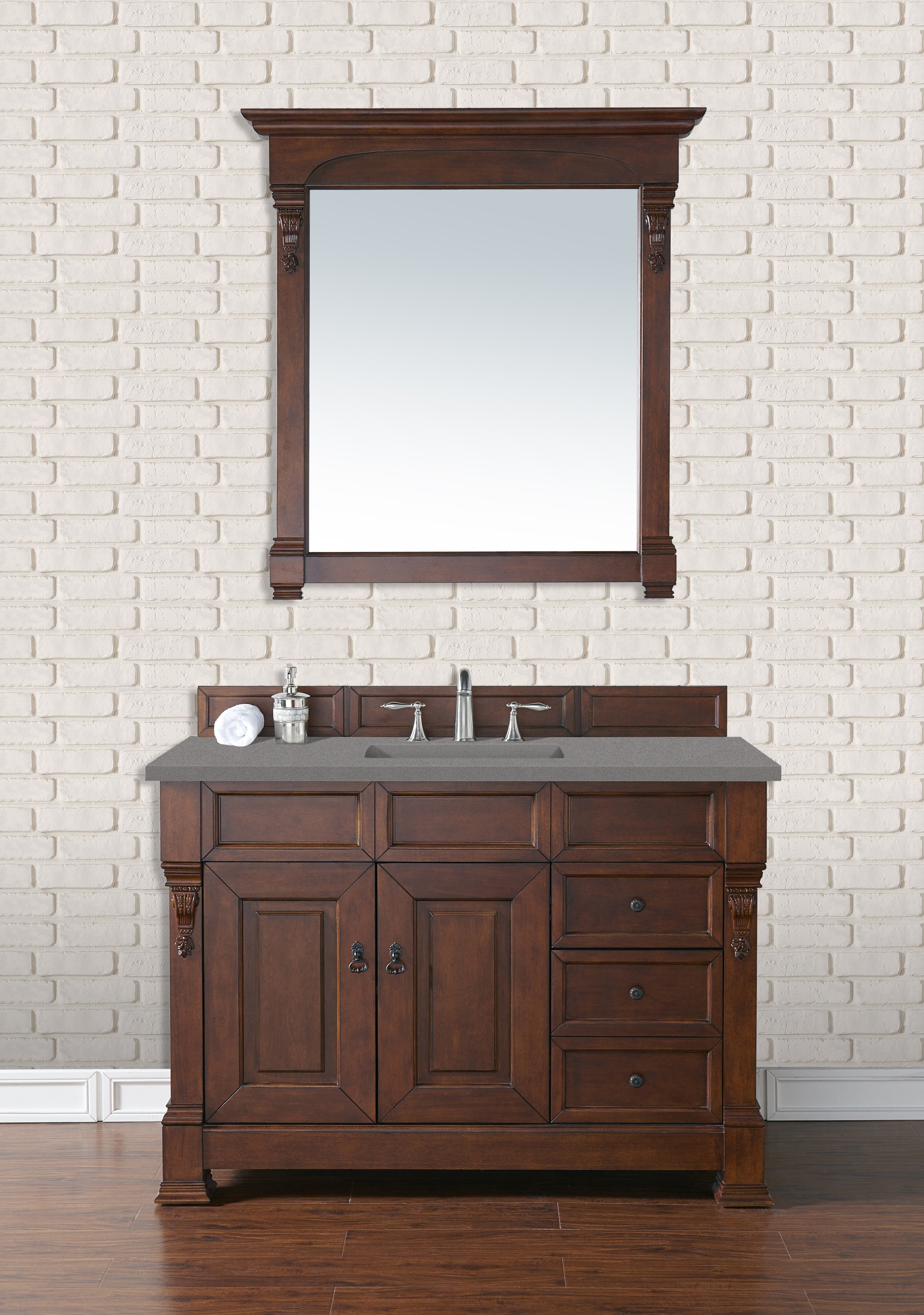 Brookfield 48-Inch Single Bathroom Vanity with Warm Cherry Finish & 3CM Gray Expo Quartz Countertop – Perfect for Modern Home Bathroom Remodeling