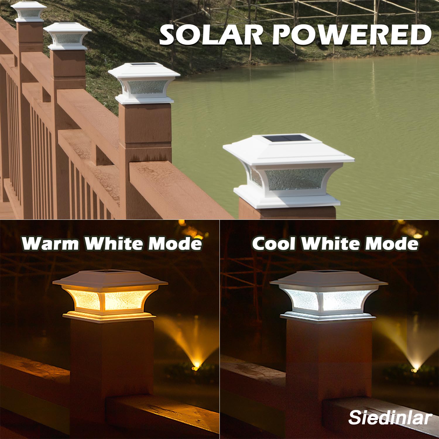 SIEDiNLAR Solar LED Post Lights Outdoor - 2 Pack Waterproof Glass Fence Cap Lights with 2 Modes (Warm White/Cool White) for 4x4 5x5 6x6 Wood Posts - Perfect for Patio, Deck, Garden, Pathway and Driveway Lighting