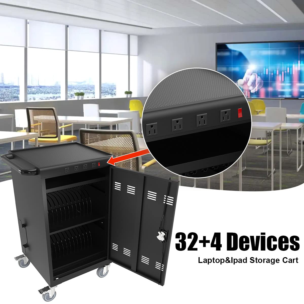 36 Device Charging Cart for Classroom & Office - Laptop & Tablet Storage Cabinet with Cord Management, Holds Up to 16.3