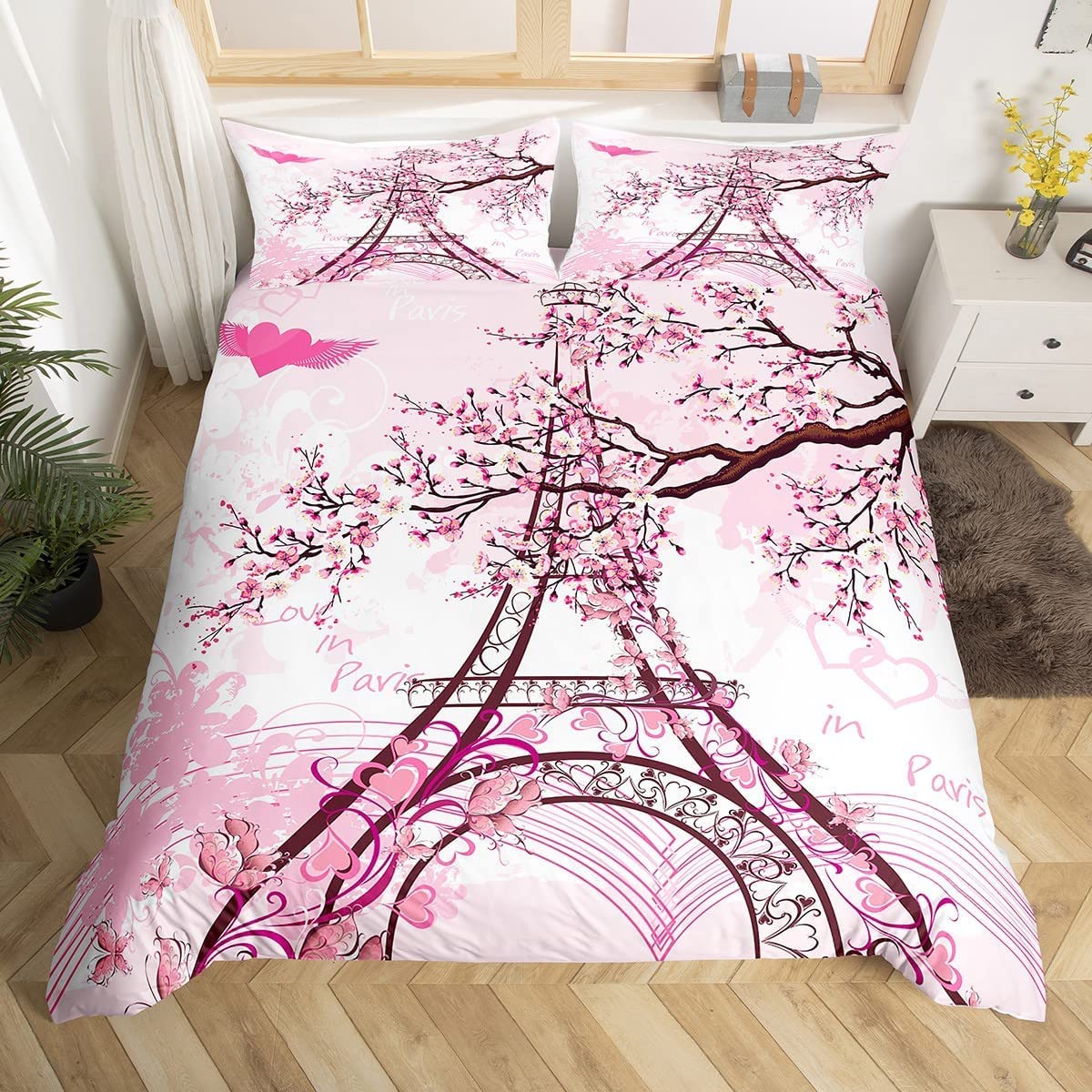 Eiffel Tower Duvet Cover Set - Cherry Blossom Design, Pink Botanical Bedding for Twin Size (2Pcs) | French Style Comforter Cover with Zipper Closure | Perfect for Teens Room Decor, Girls Bedroom & Romantic Parisian Themed Spaces