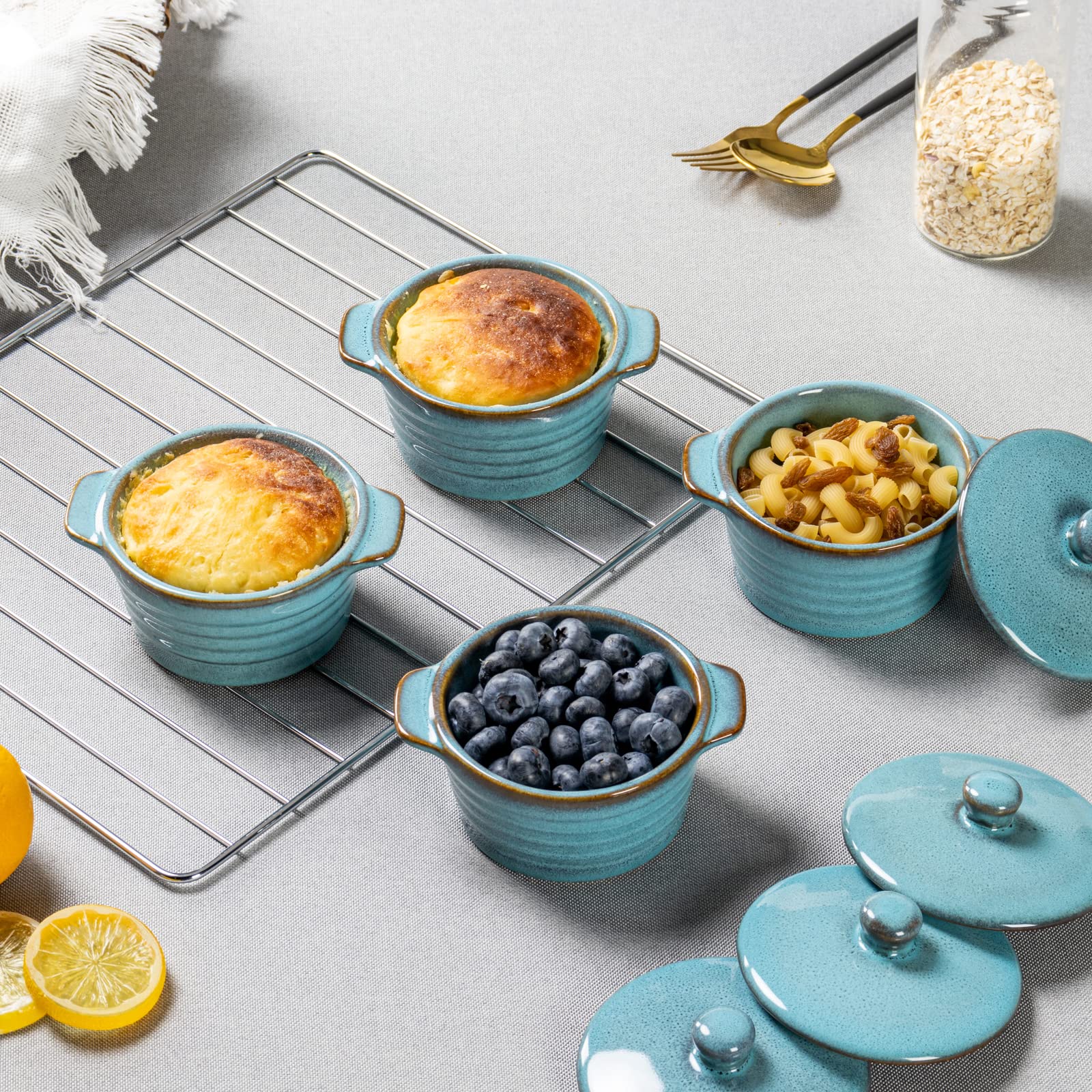 8 oz Creme Brulee Ramekins with Lids - Oven Safe Ceramic Bowls for French Onion Soup, Souffle & Pot Pie - Set of 4 Mini Covered Casserole Dishes in Reactive Blue | Perfect for Baking, Serving & Entertaining