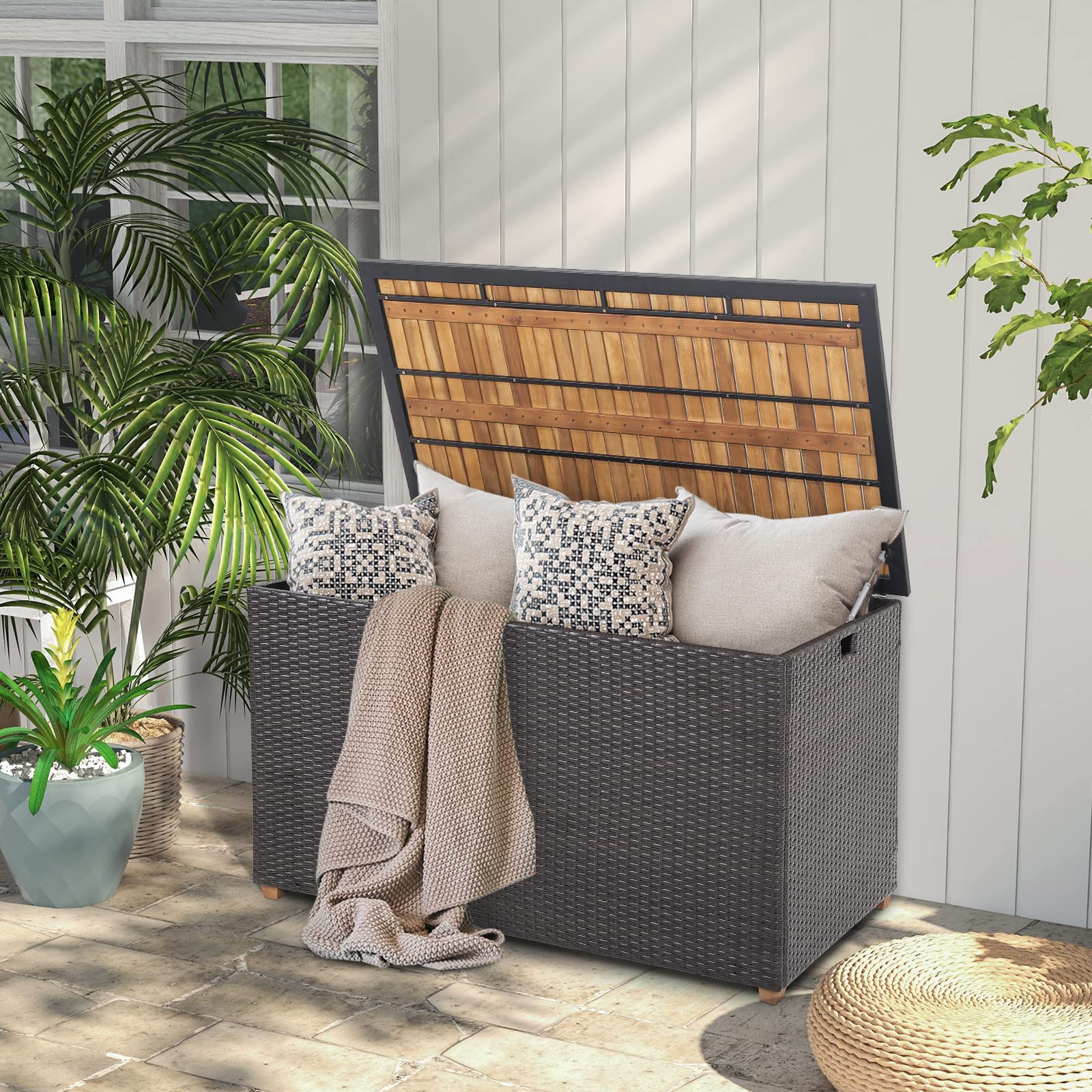 HAPPYGRILL 134 Gallon Rattan Deck Box with Zippered Liner - Waterproof Outdoor Storage Container with Acacia Wood Top & Feet, Effort-Saving Pneumatic Rod - Perfect for Patio, Porch, Backyard, Garden Organization & Cushion Storage