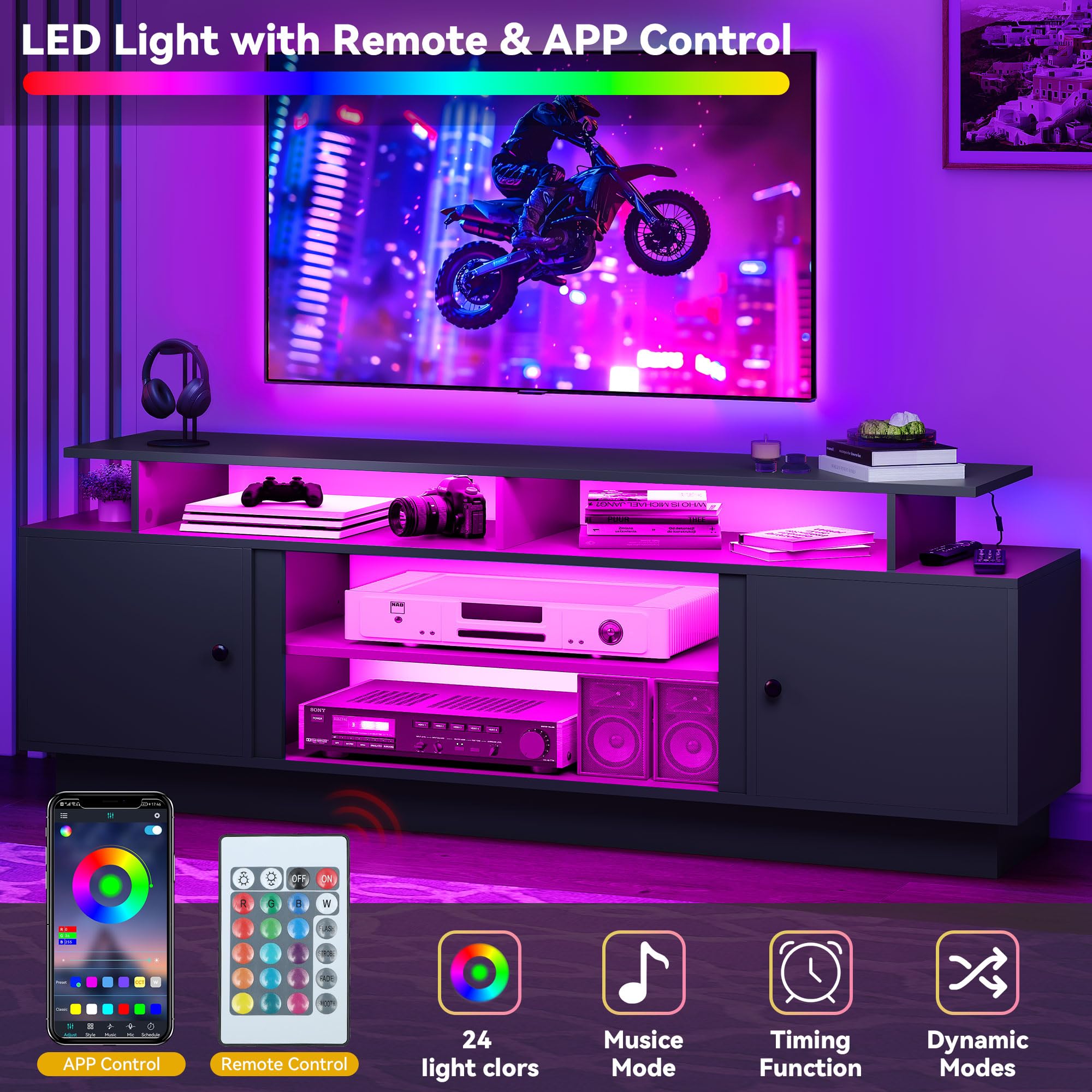 Modern TV Stand for 80 Inch TVs - Entertainment Center with LED Lights & Movable Shelves, Storage TV Console for Living Room - Perfect for Home Theater Setup & Family Movie Nights (Black)