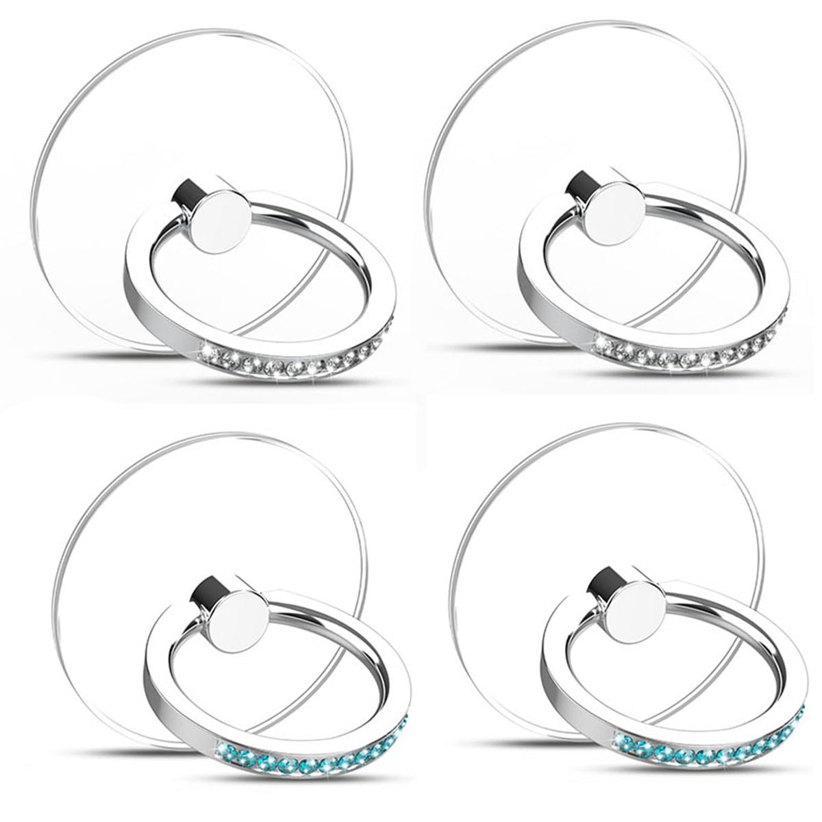 360° Rotating Diamond Clear Phone Ring Holder Stand - Compatible with iPhone 14/13/12/11 Pro Max, Samsung Galaxy - 2 Silver + 2 Lake Blue - Perfect for Hands-Free Viewing, Selfies & Secure Grip