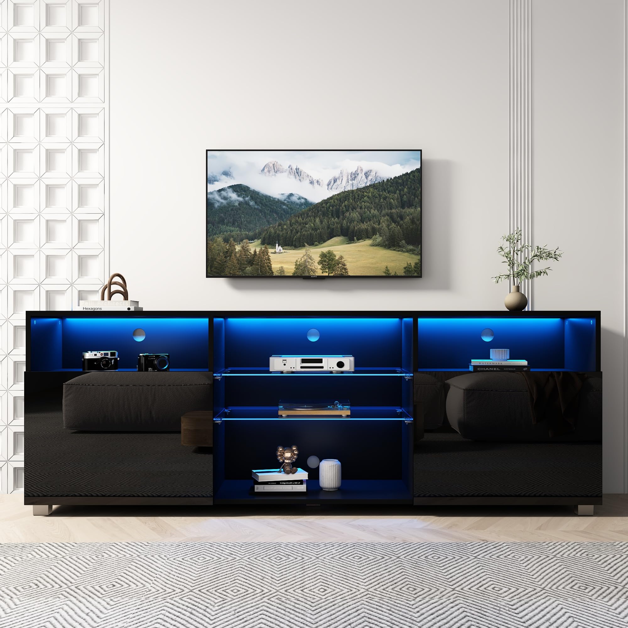 Modern LED TV Stand for 50-55 Inch TVs - High Gloss Black Media Console with Storage Drawer & Ambient Lighting - Entertainment Center for Living Room, Bedroom & Game Room - Space-Saving TV Table with LED Lights for Enhanced Viewing Experience