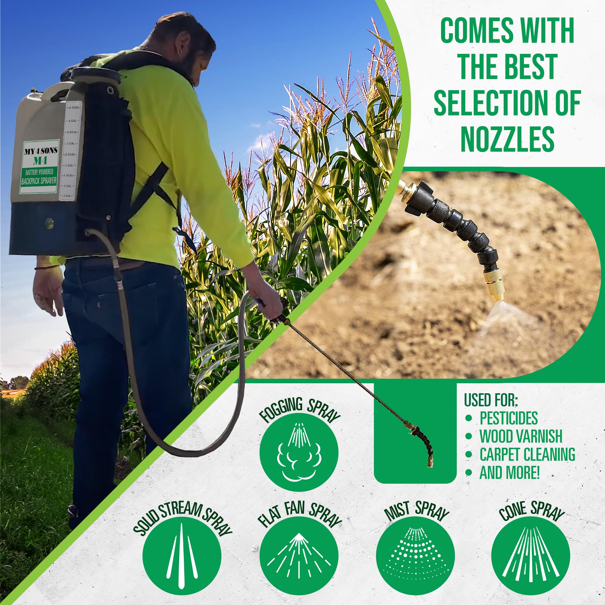 MY4SONS M4 4-Gallon Battery Backpack Sprayer - Cordless Garden Sprayer with 14-Inch Wheels, Spray Pistol, Adjustable Wand, 15ft Hose & Secure Strap - Rechargeable Power Supply - Perfect for Lawn Care, Weed Control & Outdoor Cleaning