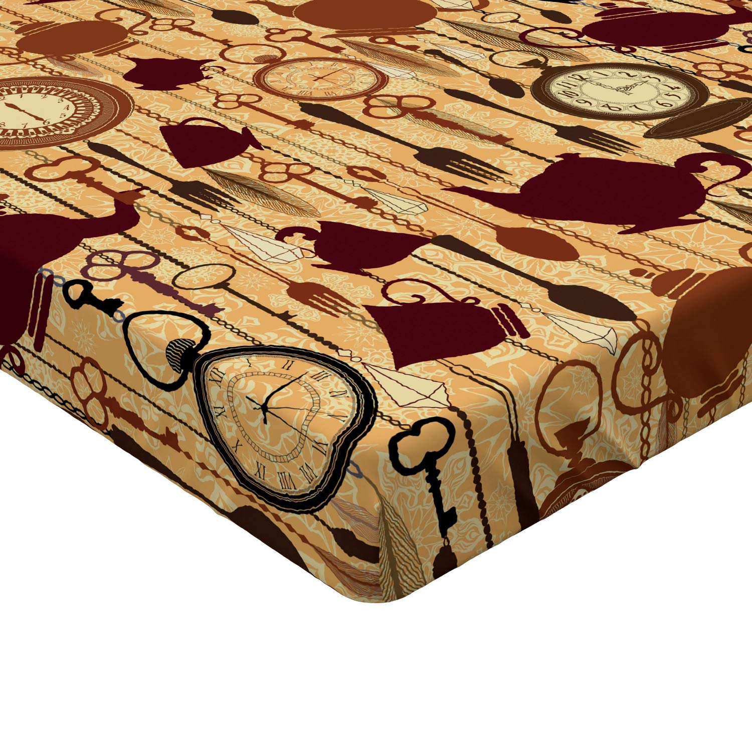 Ambesonne Victorian Style Tea Party Fitted Sheet - Twin Size Brown Redwood Print with Deep Pocket Elastic, Breakfast Time Teacup & Utensils Design - Perfect for Themed Bedrooms, Guest Rooms, and Cozy Tea Lovers' Retreats