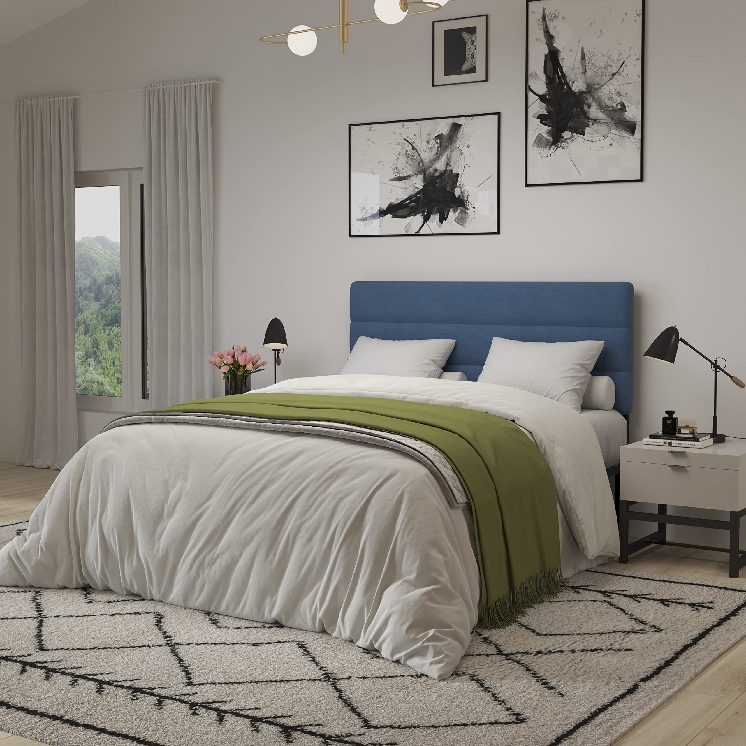 Merrick Lane Coppola Upholstered Queen Size Headboard - Blue Button Tufted Fabric with Metal Adjustable Legs - Fits Standard Bed Frames - Perfect for Master Bedrooms & Guest Rooms