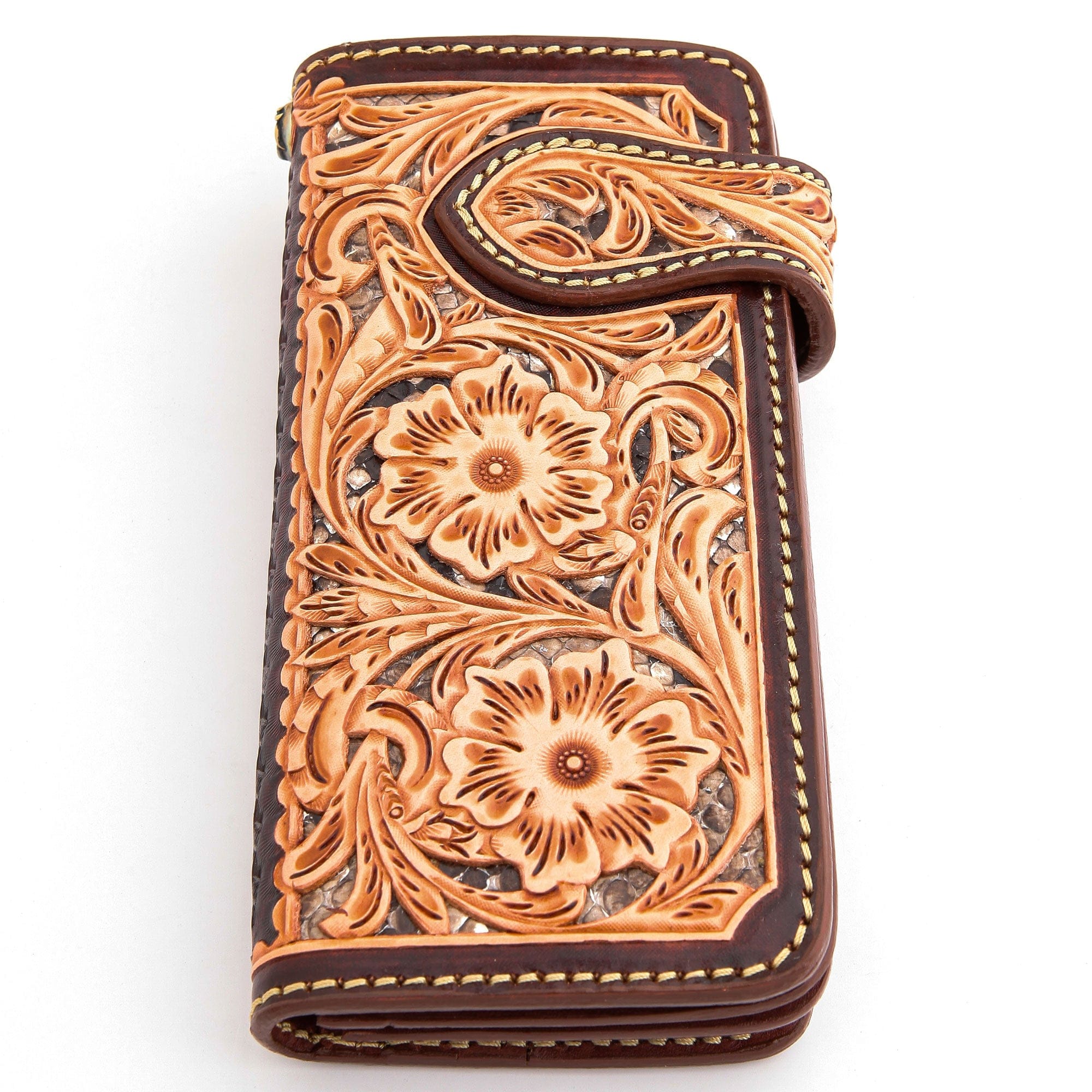 Genuine Leather Western Cowboy Biker Wallet with Brown Floral Star Design - Perfect for Riders, Bikers, and Western Fashion Enthusiasts