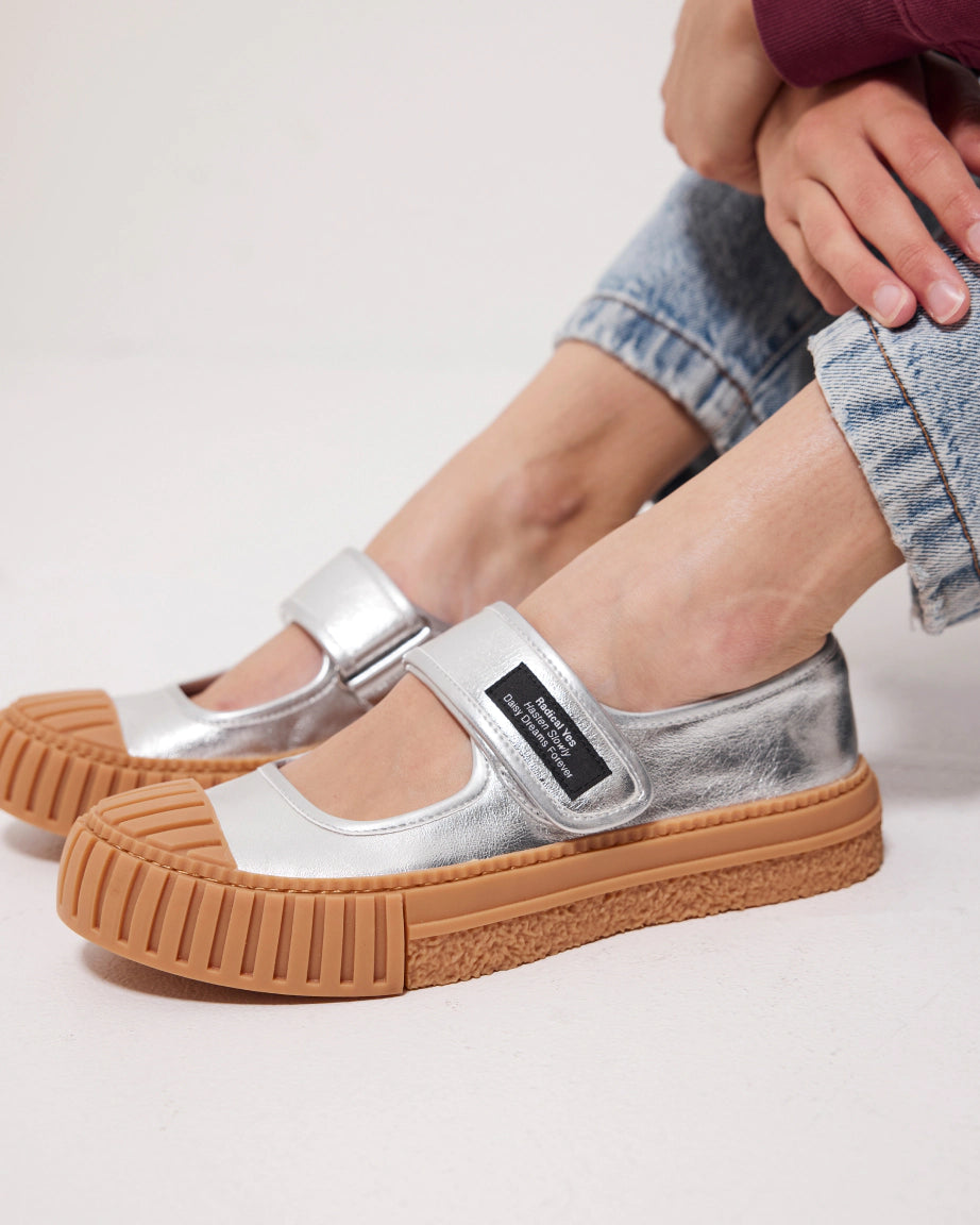 Grace Velcro Leather Mary Jane Shoes for Women | Silver | Comfortable & Stylish for Casual Wear, Work & Special Occasions
