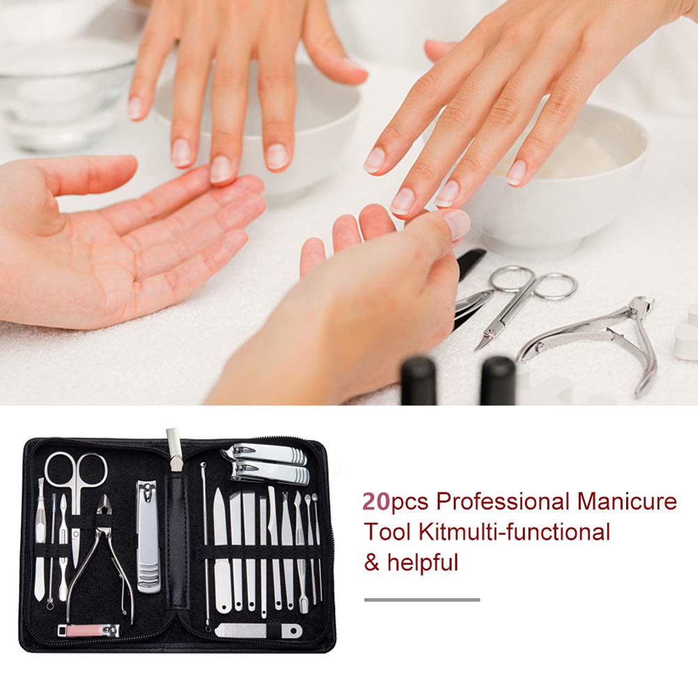 Professional Manicure Pedicure Kit - 20-Piece Nail Clippers Set with Nose Hair Scissors, Ear Pick & Blackhead Remover | Travel Case Included | Perfect for Home, Salon & Travel Grooming