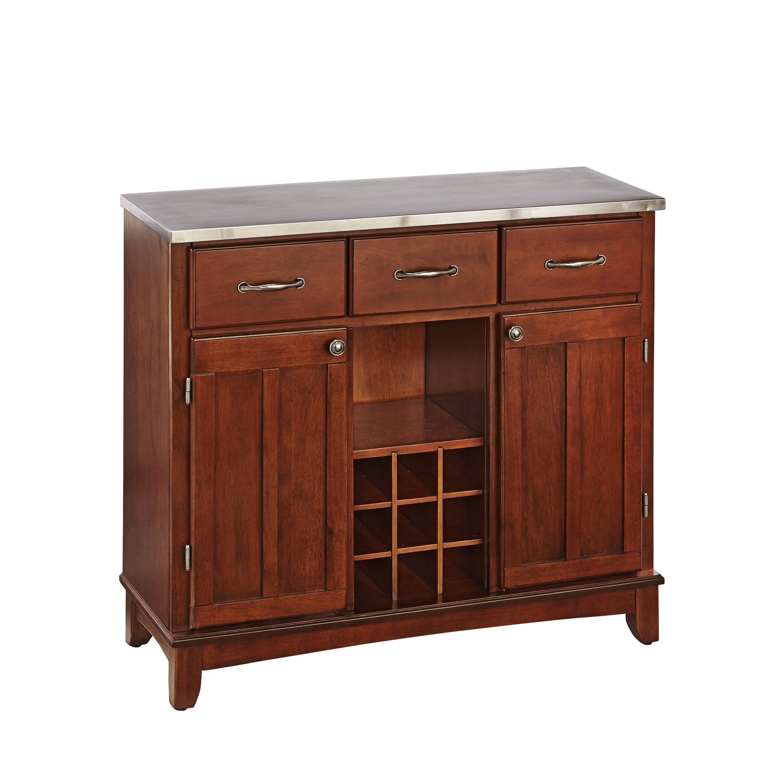 Home Styles Stainless Steel Top Buffet of Buffets Cherry Wood Dining Room Sideboard - Perfect for Dining Room Storage, Buffet Serving & Home Decor