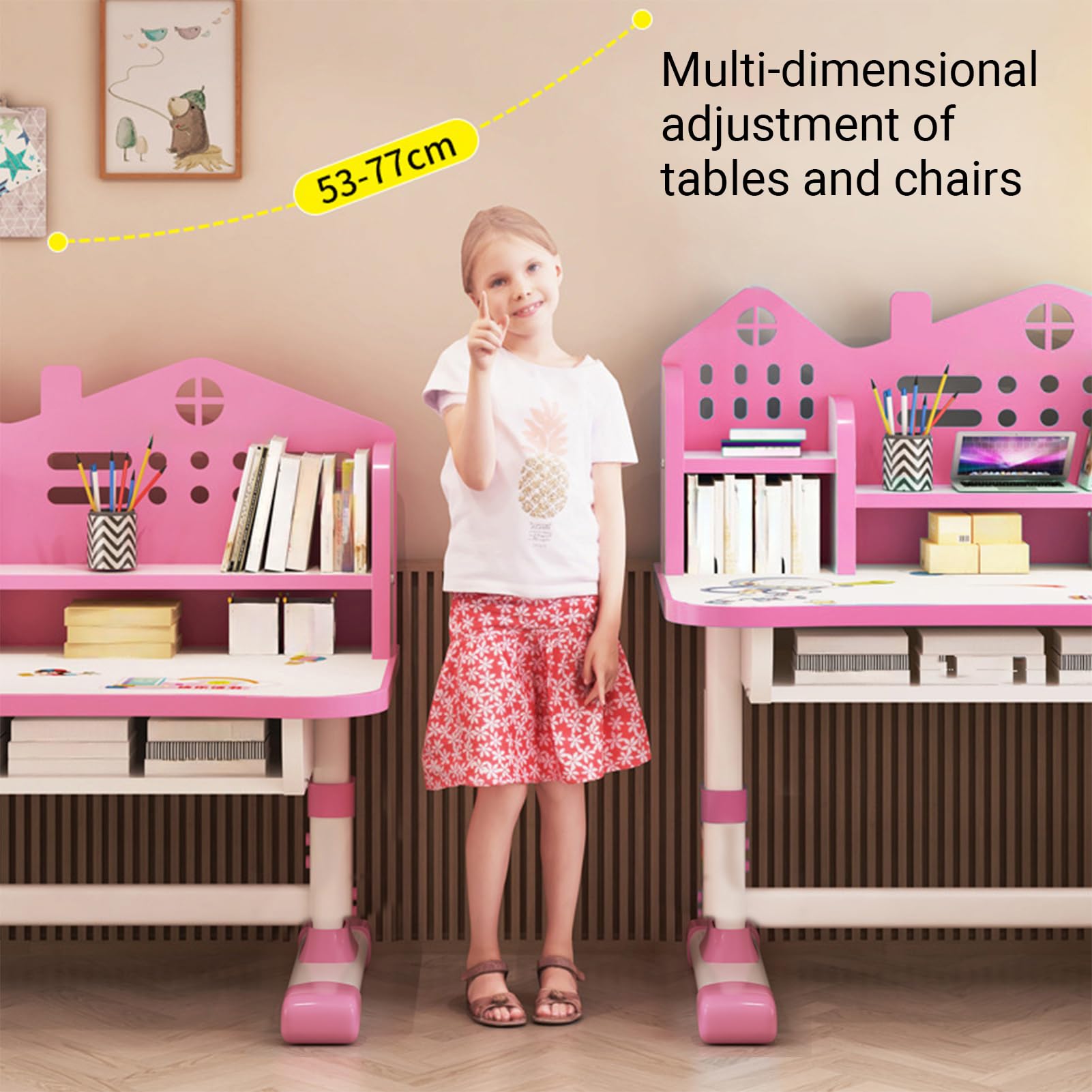 Adjustable Kids Desk and Chair Set - Ergonomic Study Desk for Children with Bookstand & Storage Drawer - Widened Desktop for Boys & Girls - Perfect for Homeschooling & Online Learning (Pink)