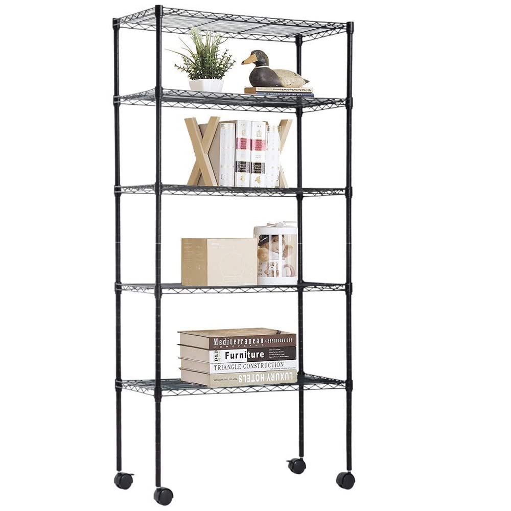 5-Tier Heavy Duty Wire Shelving Unit with Wheels - 750lbs Capacity, NSF Certified, Adjustable Height & Wide Flat Shelves - Metal Storage Rack for Kitchen, Pantry, Garage, Living Room & Balcony Organization - Perfect for Storing Food, Tools, Books & Home Supplies