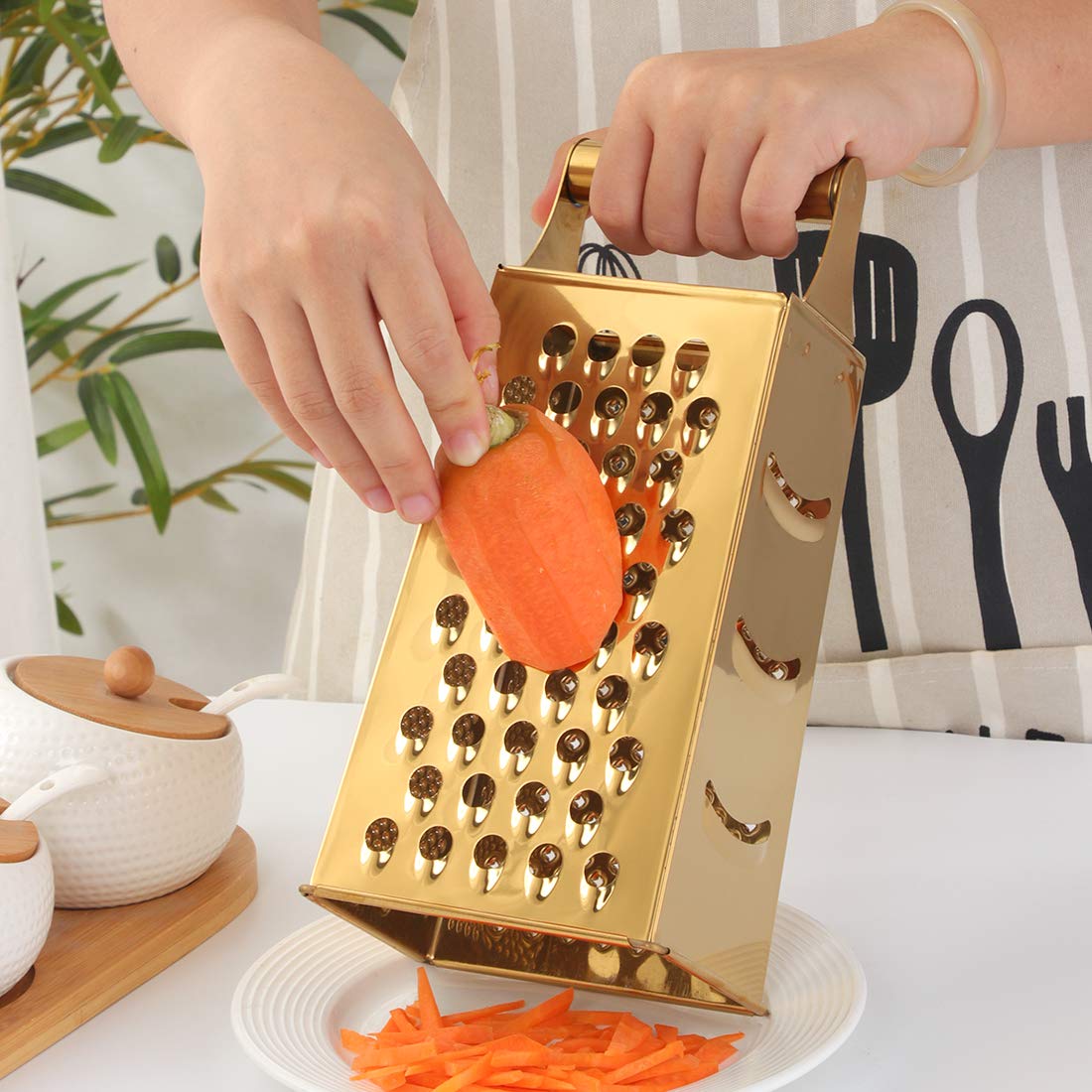 4-Sided Stainless Steel Cheese Grater & Vegetable Slicer - 9.2 Inch Large Box Grater for Parmesan, Veggies, Ginger, Fruits (Gold) - Perfect for Kitchen Prep, Salad Making & Meal Prepping