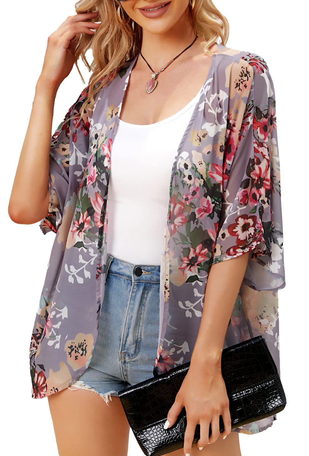 Women's Floral Chiffon Kimono Beach Cover Up - Lightweight Cardigan & Loose Cape Top for Summer, Vacation, Poolside, and Boho Outfits