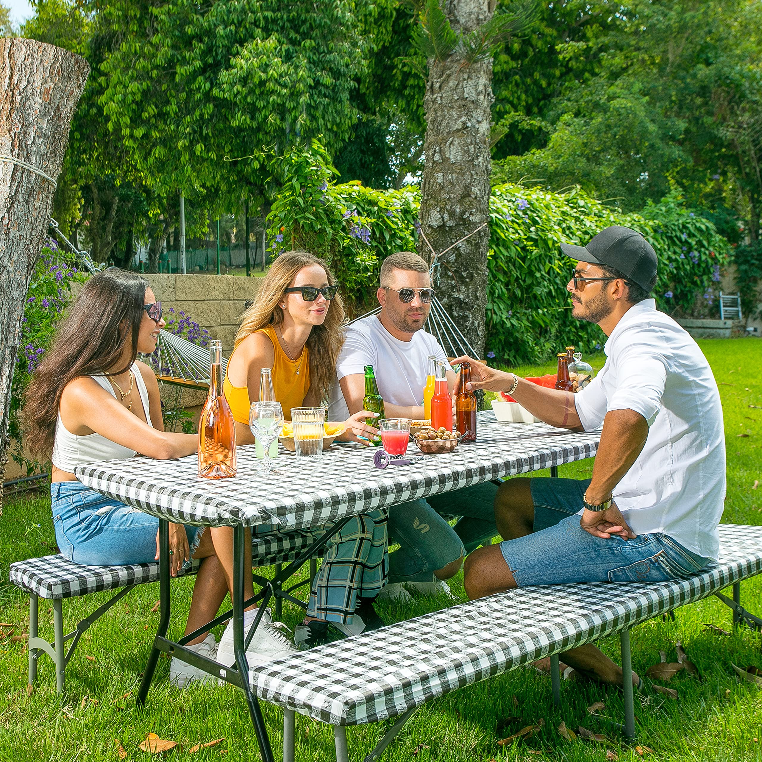 Waterproof PEVA & Polyester Picnic Table Cover with Bench Covers - 270g Heavy Duty Rectangular Tablecloth Fits 72