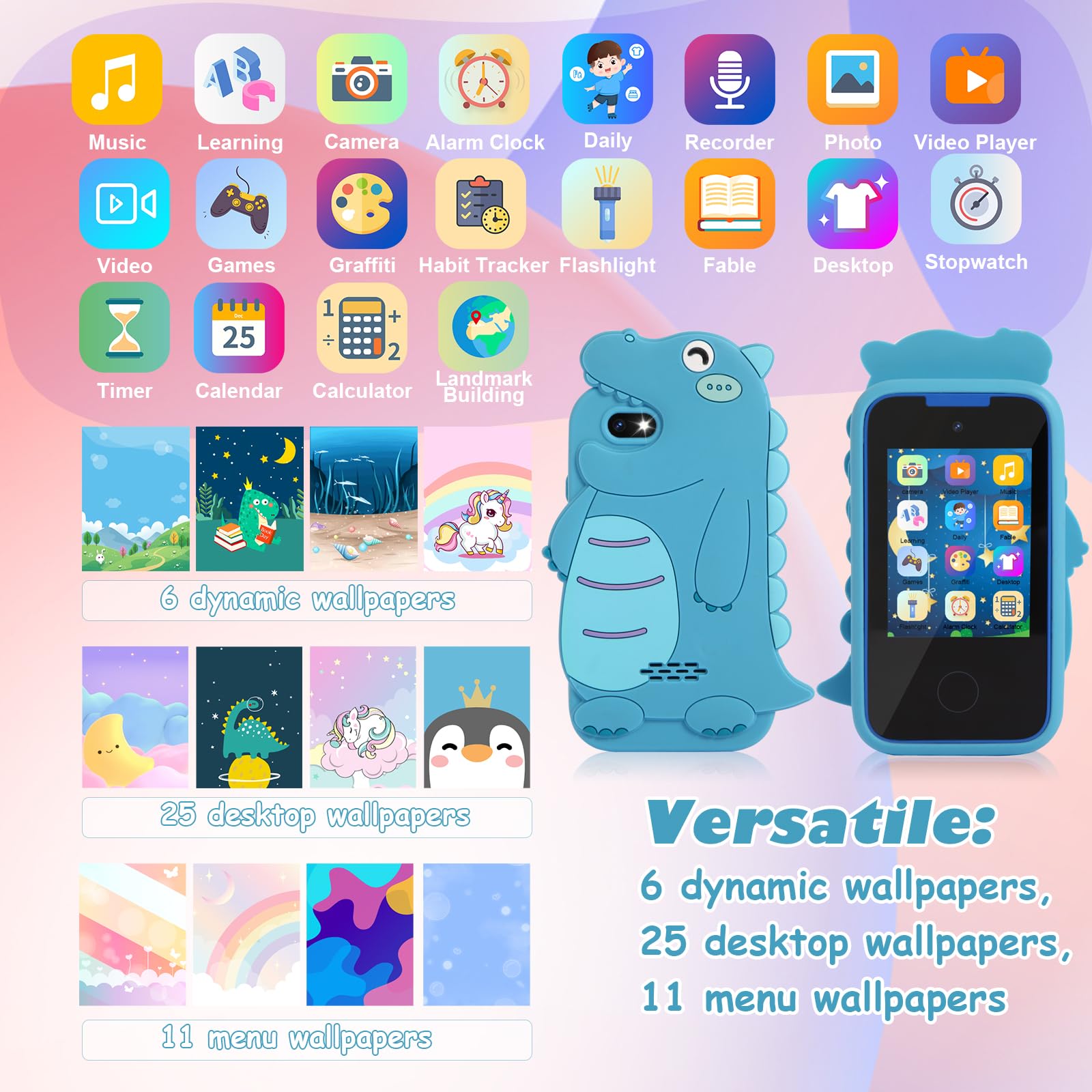 Educational Touchscreen Smartphone Toy for Kids Ages 3-12 - Interactive Learning Phone with 8GB SD Card | Perfect Dinosaur-Themed Birthday & Christmas Gift for Girls | Pretend Play, Early STEM Development & Role-Playing Scenarios