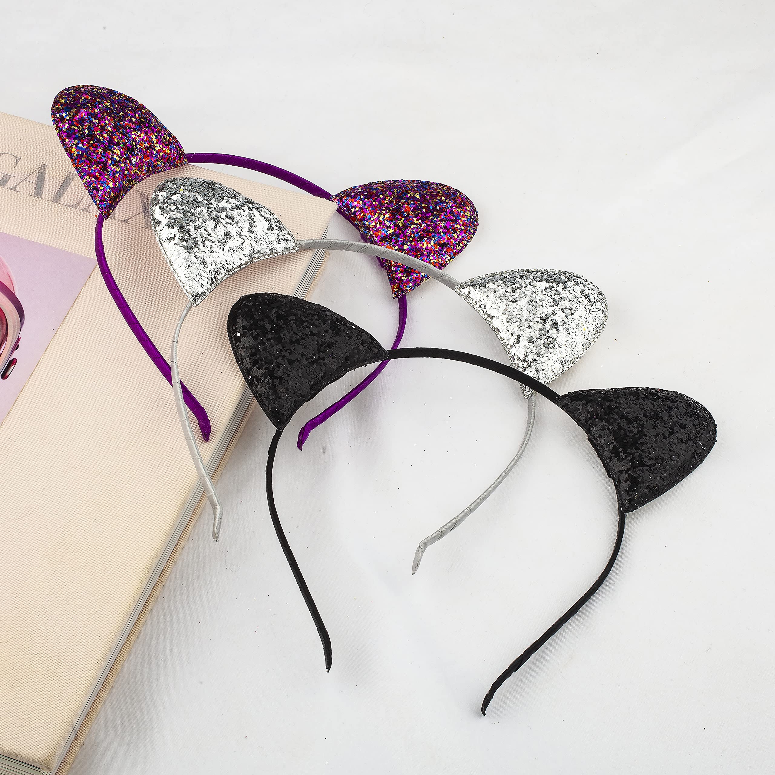 Christmas Cat Ears Headband Set - Glittery Silver Black Pink for Girls | Party & Cosplay