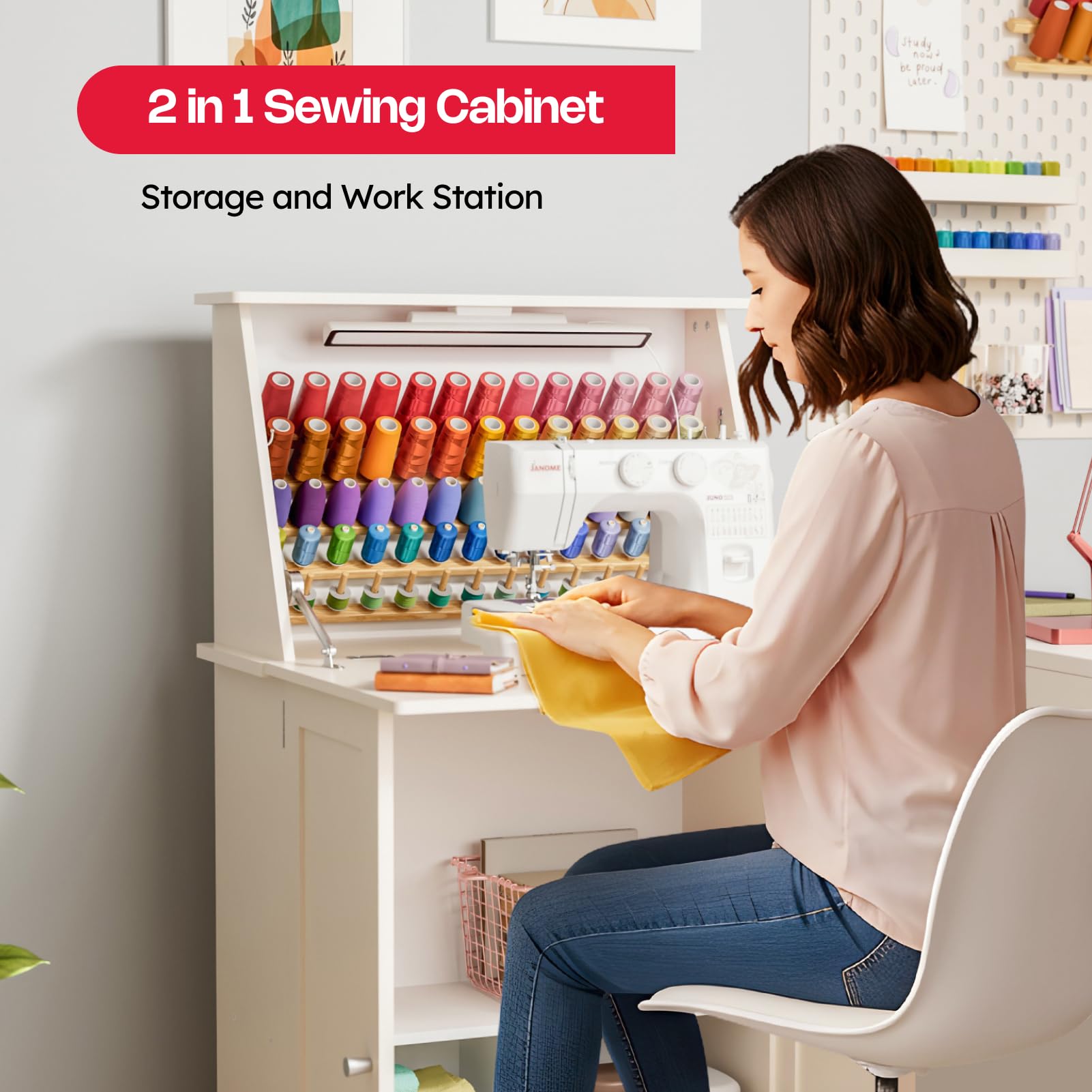 Multipurpose Sewing Table with Under Cabinet Lights & Charging Station - 65 Spool Thread Rack, Craft Storage Workspace with Organizer Shelves, Compact Design - Perfect for Quilting, Sewing Projects & DIY Crafting at Home