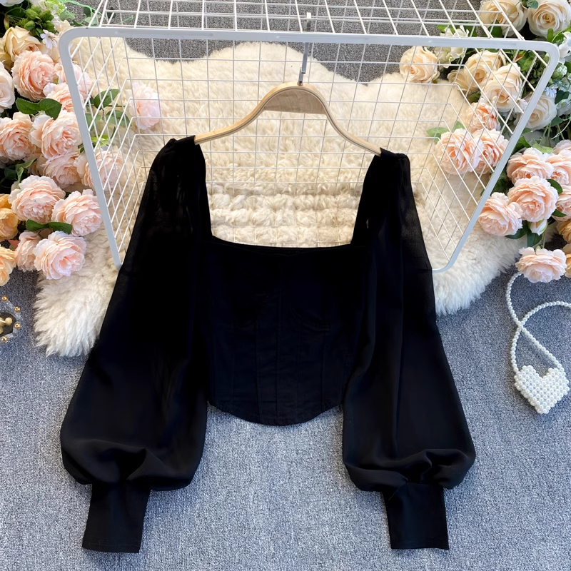 Elegant Chiffon Puff Sleeve Blouse - Square Neck Cropped French Top for Women | Perfect for Office Wear, Date Nights & Special Occasions