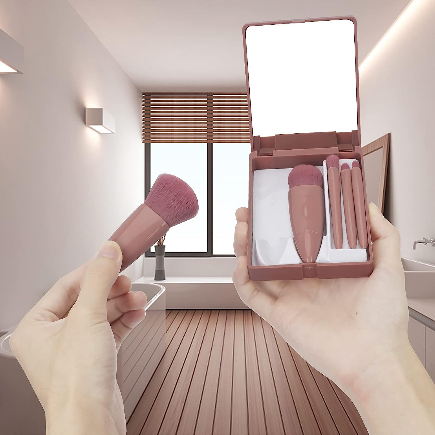 Bhavyam Travel Makeup Brush Set with Mirror for Women & Girls - Portable Cosmetic Brush Kit with Small Plastic Mirror (Shape 2) - Perfect for On-the-Go Makeup & Travel Essentials