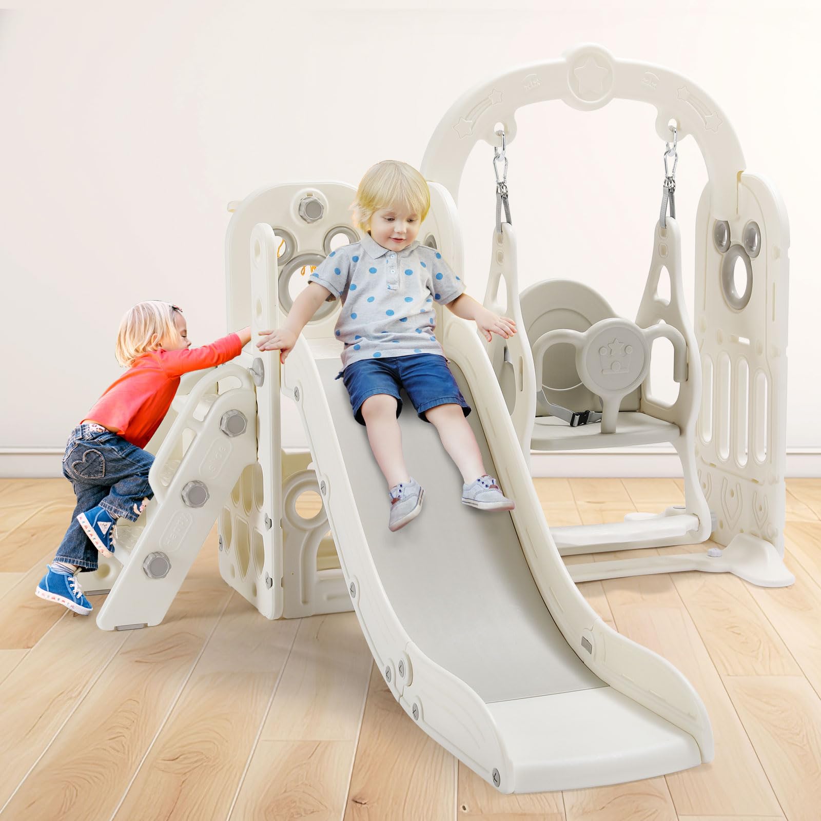 MAMIZO 6-in-1 Toddler Slide and Swing Set for Kids - Indoor/Outdoor Playground with Climber, Basketball Hoop, Storage & Reinforced Suction Cups - Perfect for Backyard, Playroom or Daycare Fun (White)