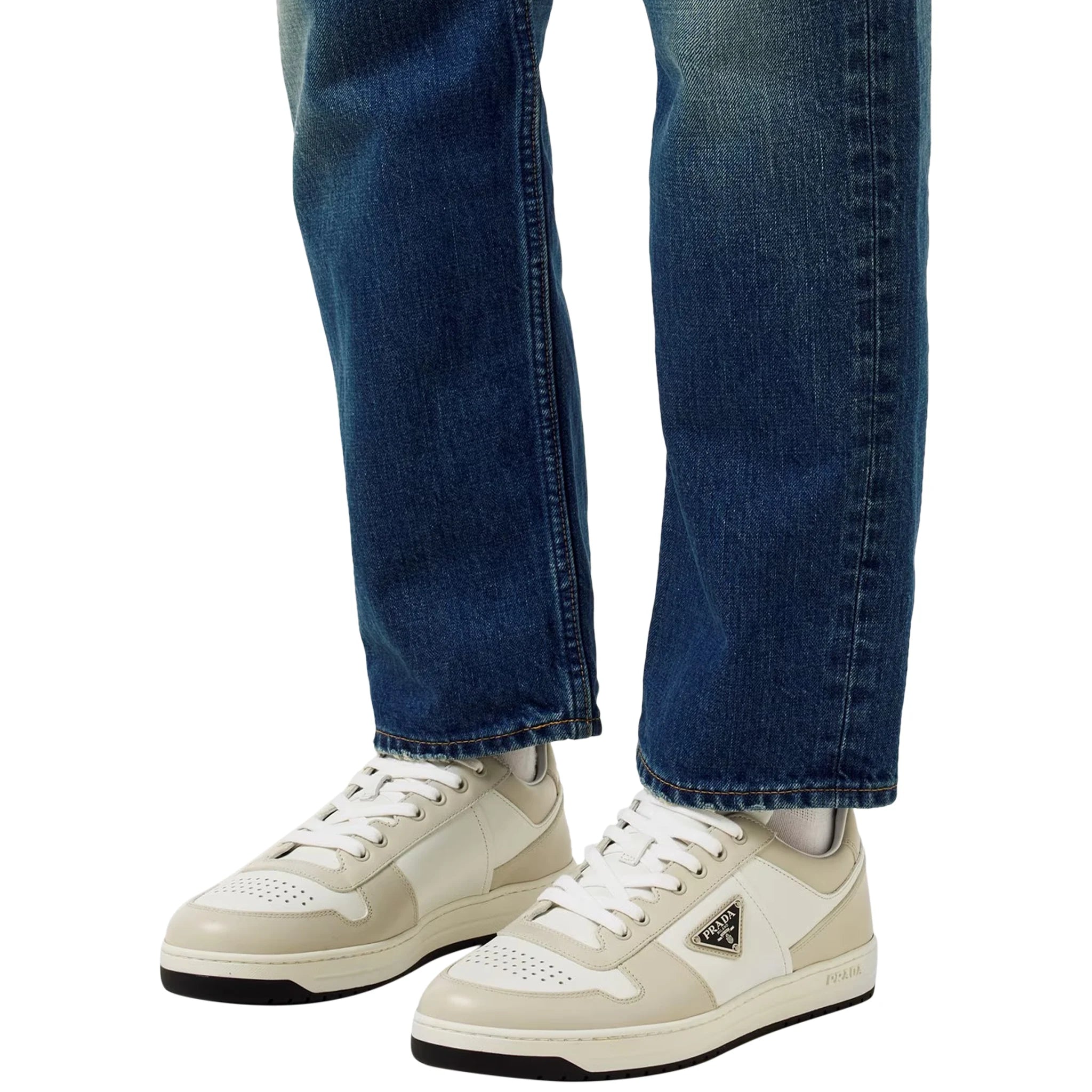 Prada Downtown Leather Low Top White Grey Sneakers for Men & Women | Casual Fashion Shoes for Daily Wear & Street Style Outfits