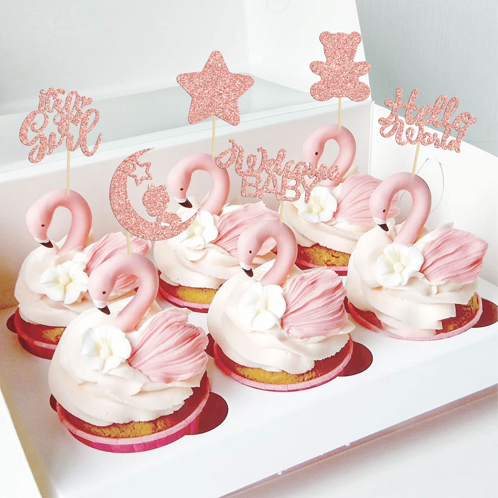 24Pcs Baby Shower Cupcake Toppers - Rose Gold Glitter Bear & Star Decorations for Gender Reveal, It's a Girl Party, Hello World Theme - Perfect for Baby Showers, Kids Birthday Cakes & Gender Reveal Celebrations