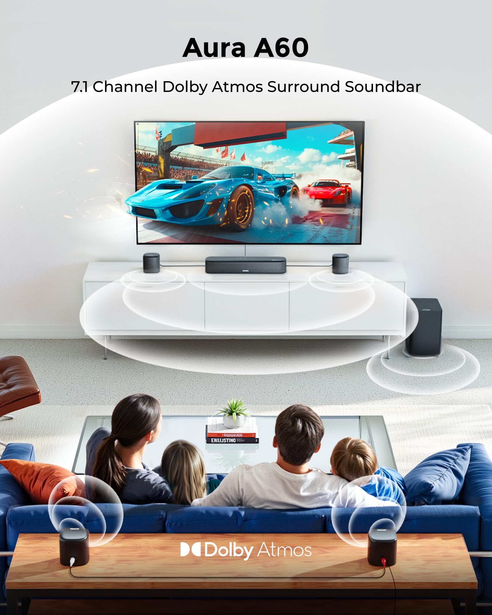 ULTIMEA A60 7.1ch Dolby Atmos Sound Bar with Wireless Subwoofer & 4 Surround Speakers - HDMI eARC, App Control for Smart TVs - Home Theater System for Movies, Gaming & Music Streaming