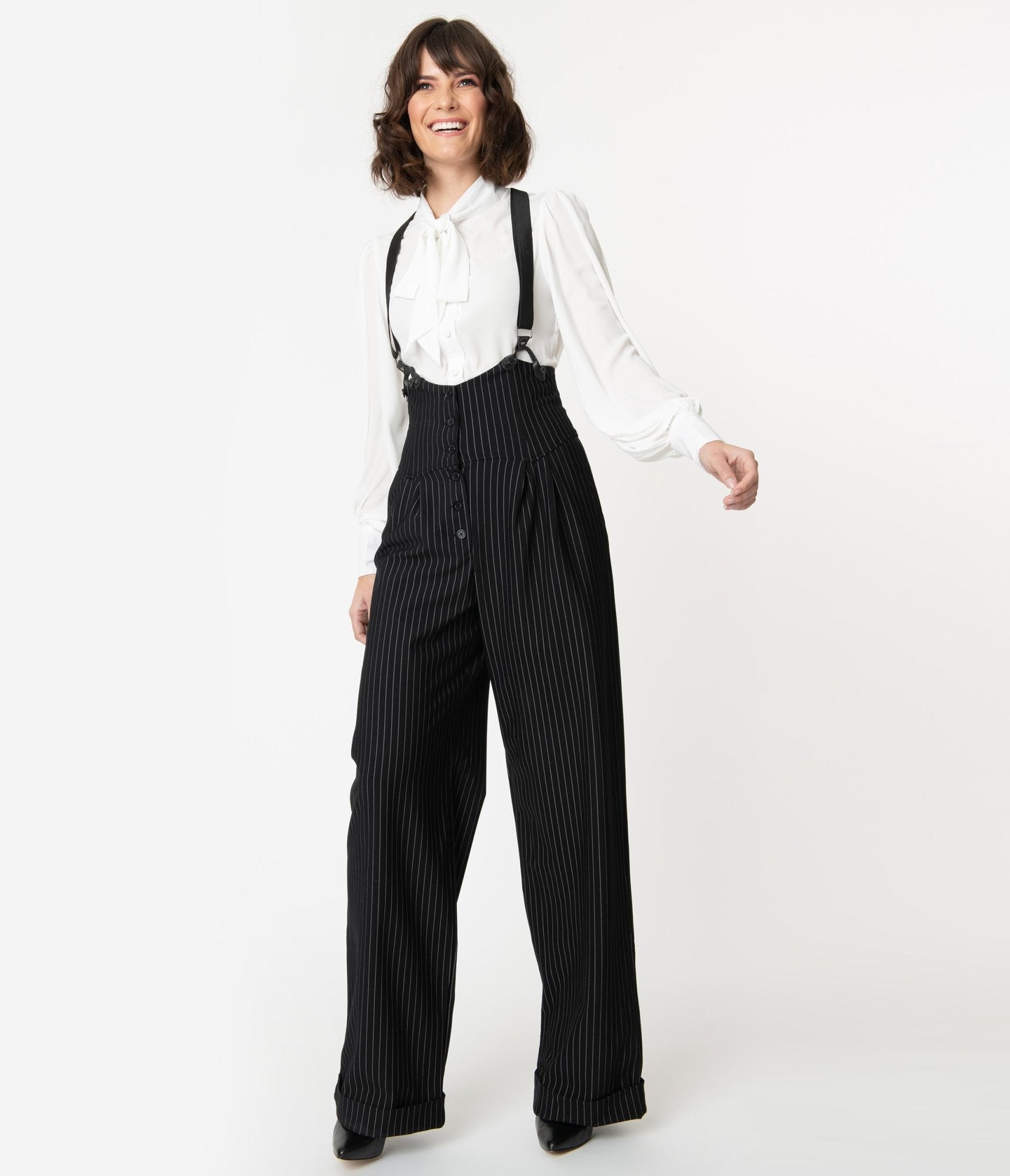 Vintage 1930s Black & White Pin Stripe Thelma Suspenders Pants - Retro High Waisted Wide Leg Trousers for Women, Perfect for Vintage Themed Parties, Cosplay and Everyday Fashion