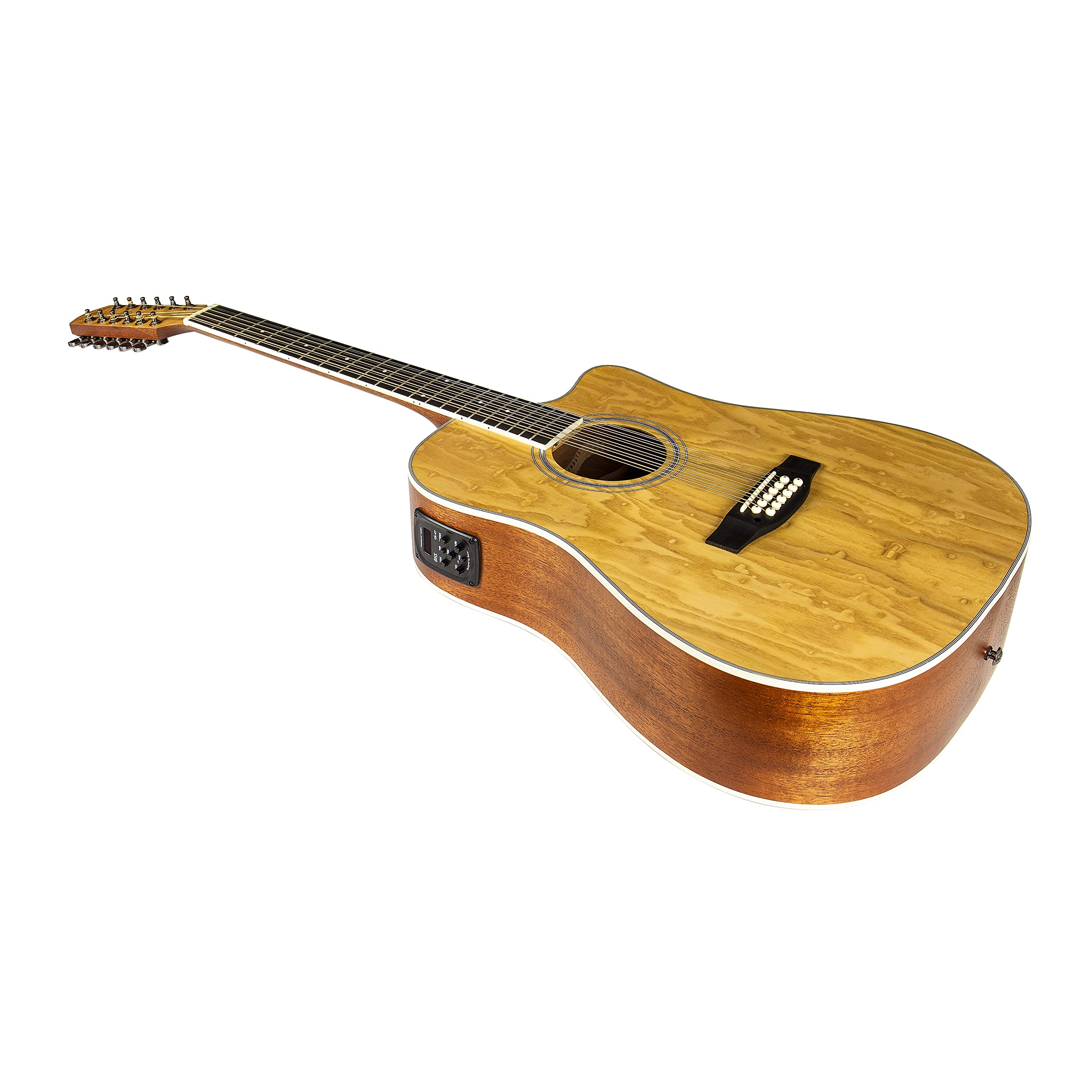 TARIO 12-String Acoustic Electric Guitar with Cutaway - Curly Ash Top, Mahogany Back & Sides, Okoume Neck - Perfect for Live Performances, Studio Recording & Traveling Musicians