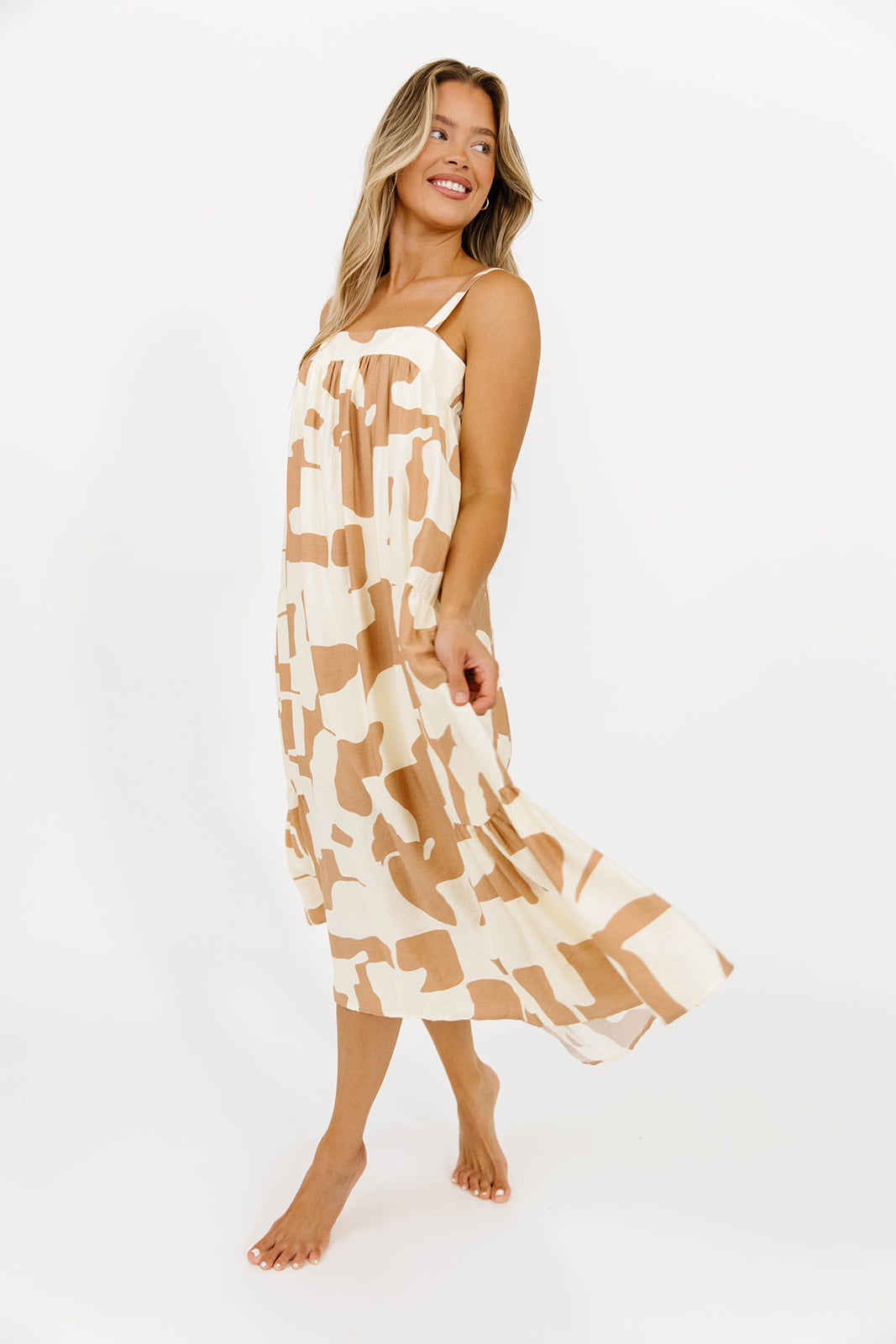 Padma Abstract Print Shirring Tiered Flowy Midi Dress in Ivory/Taupe - Elegant Boho Chic Dress for Women, Perfect for Summer Weddings, Beach Vacations & Date Nights