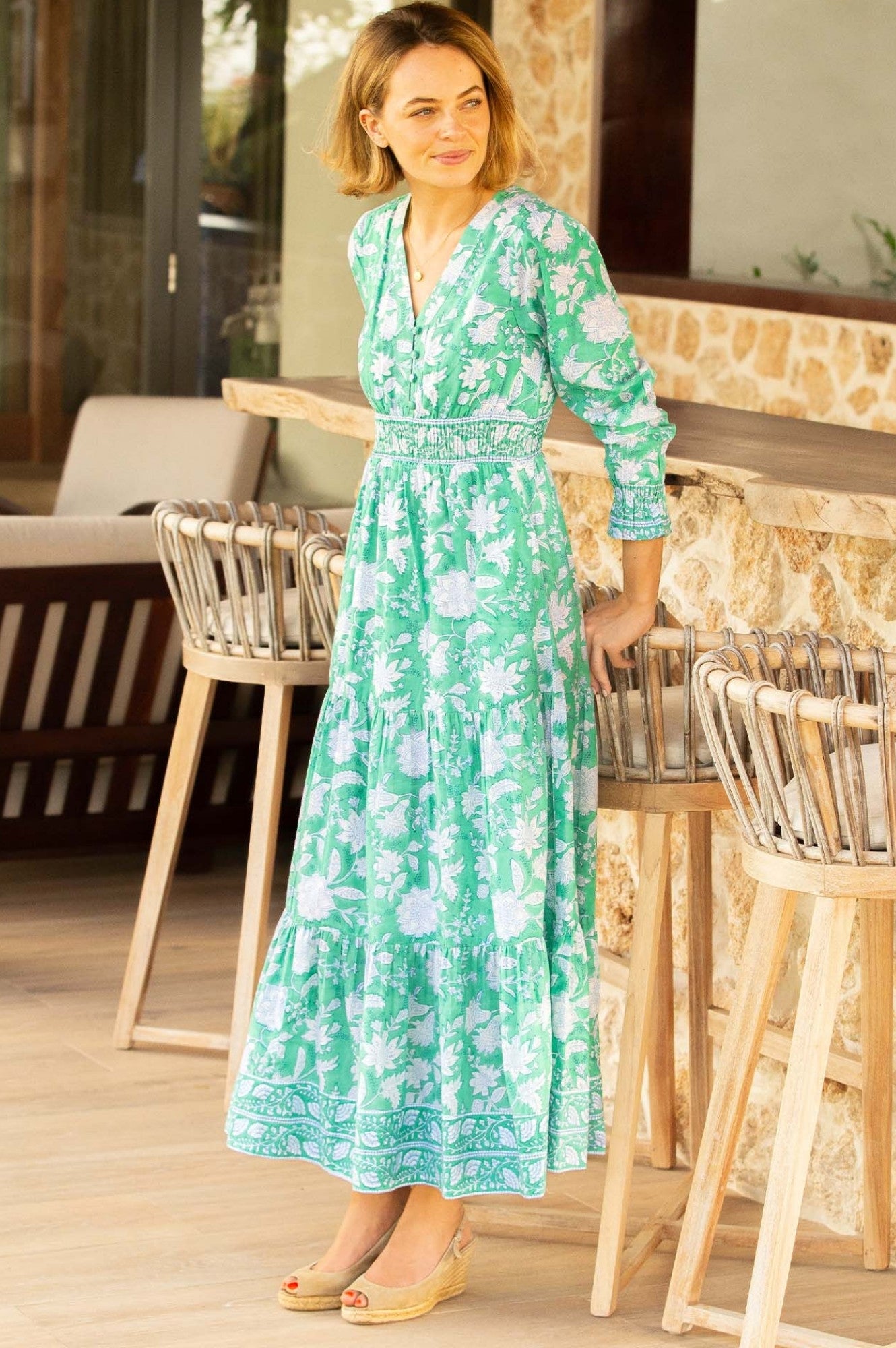 Billie Organic Cotton Block Print Dress - Lotus Green & Blue | Boho Chic Summer Dress for Women | Perfect for Beach, Vacation & Casual Outings