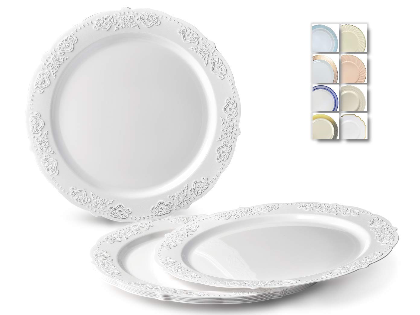 Vintage Disposable Plastic Plates - 60 Pack 10.25'' White Portofino Dinner Plates for Wedding, Party & Special Occasions | Elegant Tableware for Catering, Birthday Celebrations & Holiday Gatherings