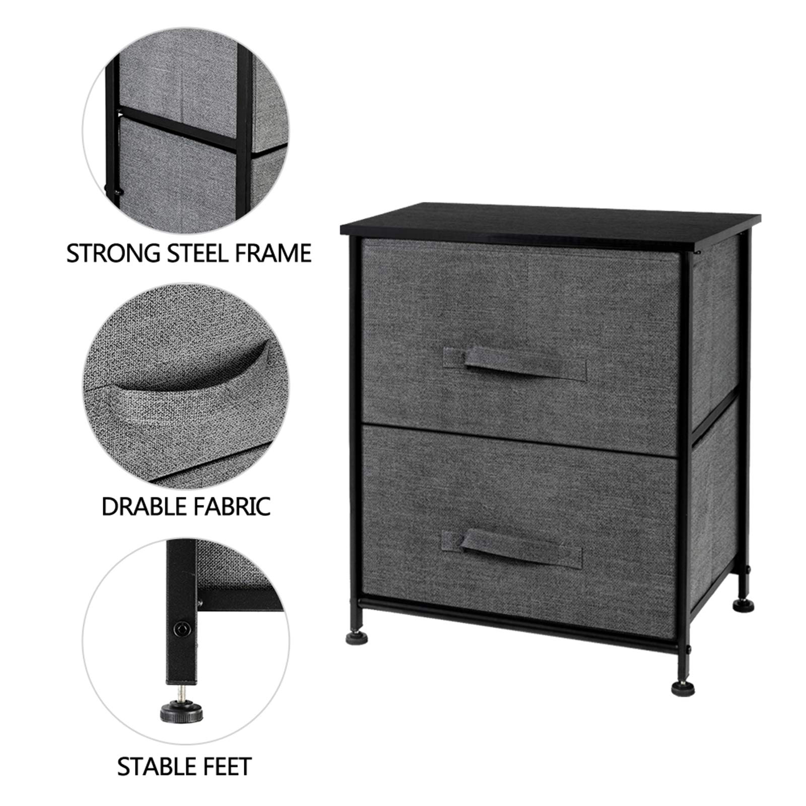 Modern Nightstand with 2 Drawers & Fabric Bins - Steel Frame & Wood Top End Table - Bedroom Storage Organizer for Clothes, Books & Essentials - Perfect for Bedside, Hallway or Entryway (Grey)