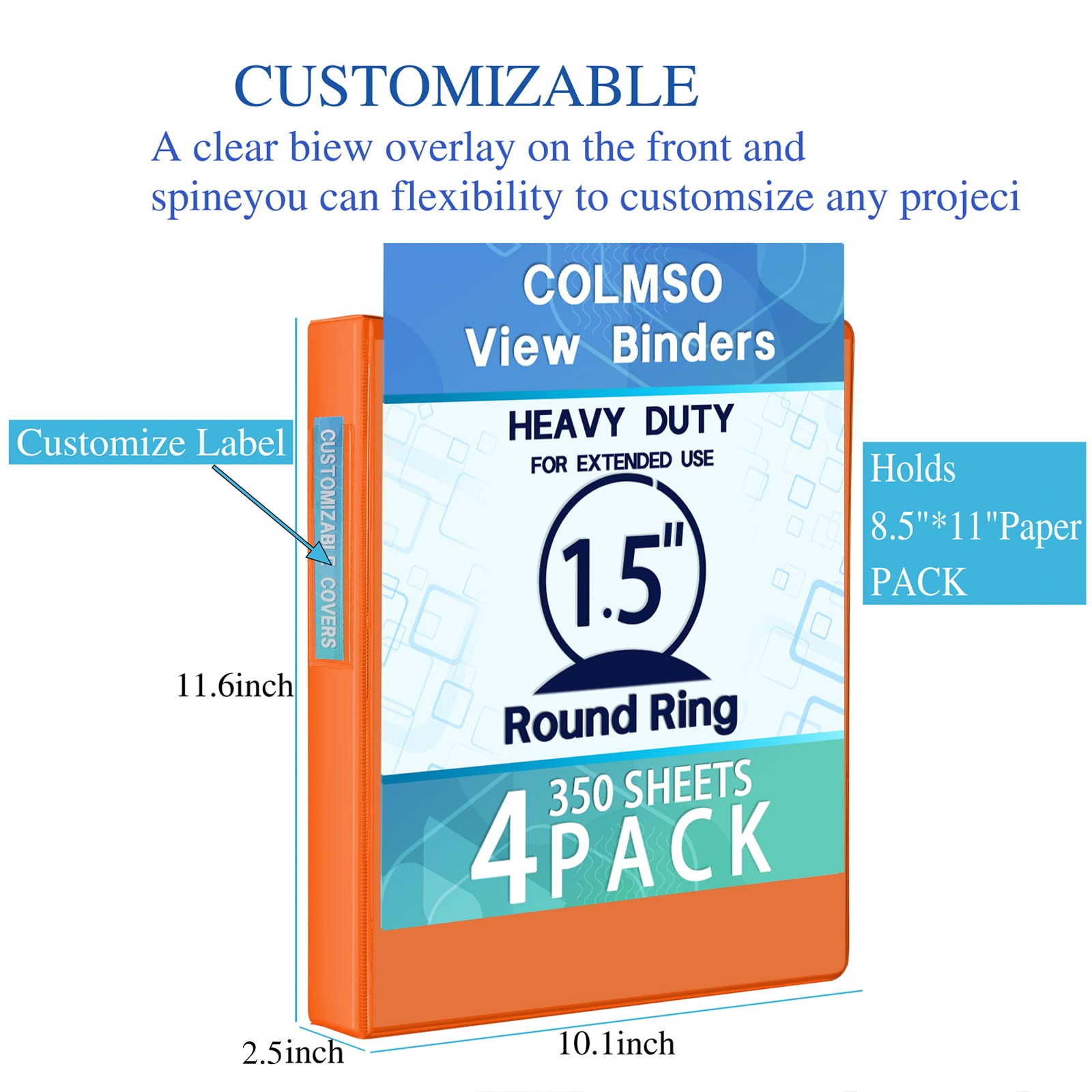 3 Ring Binders 1.5 Inch - Customizable Clear View Round Ring Binders for School, Home & Office - 4 Pack (Pink, Blue, Gray, Orange) - Perfect for Organizing Documents, Presentations & School Projects